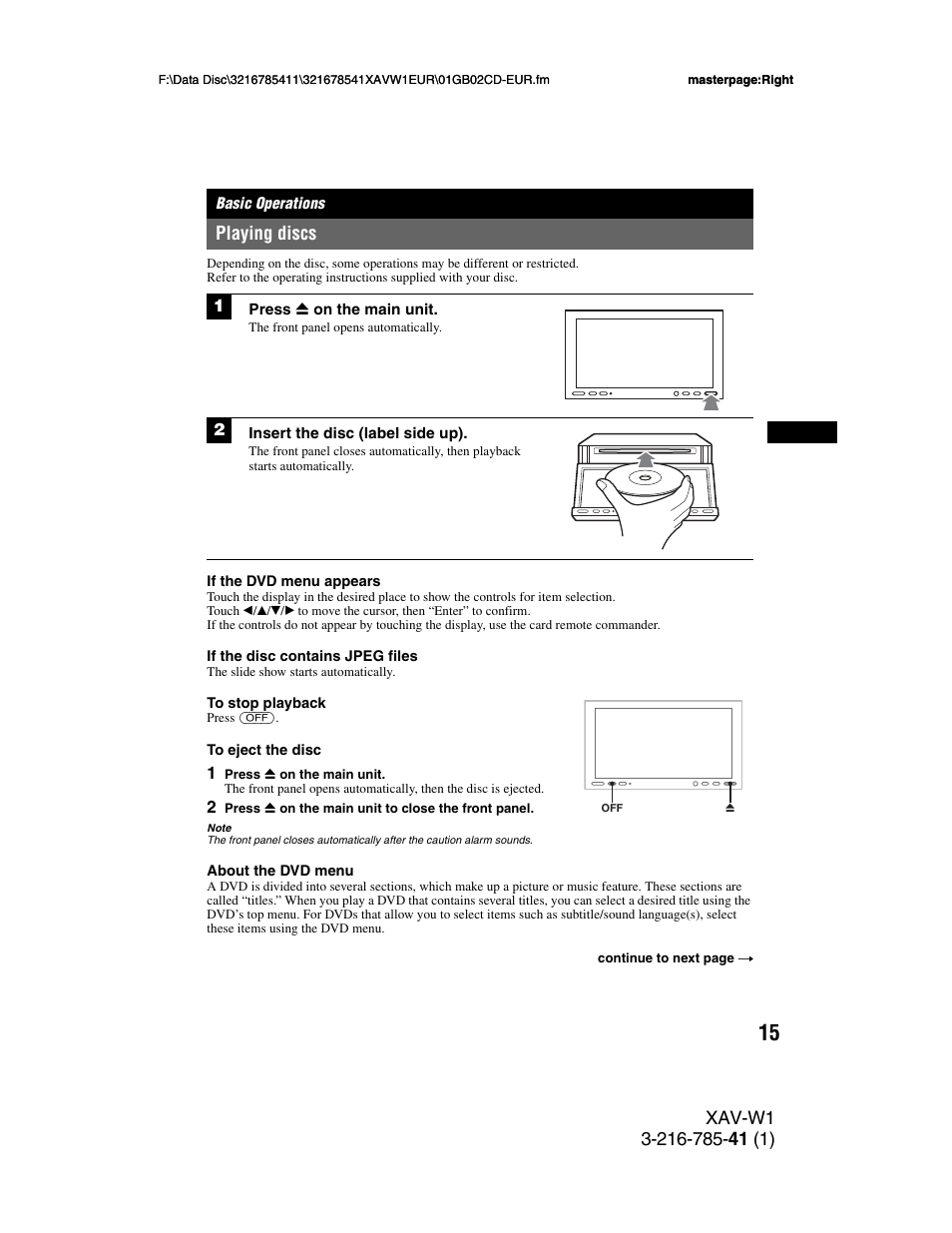 Basic operations, Playing discs | Sony XAV-W1 User Manual | Page 15 / 344