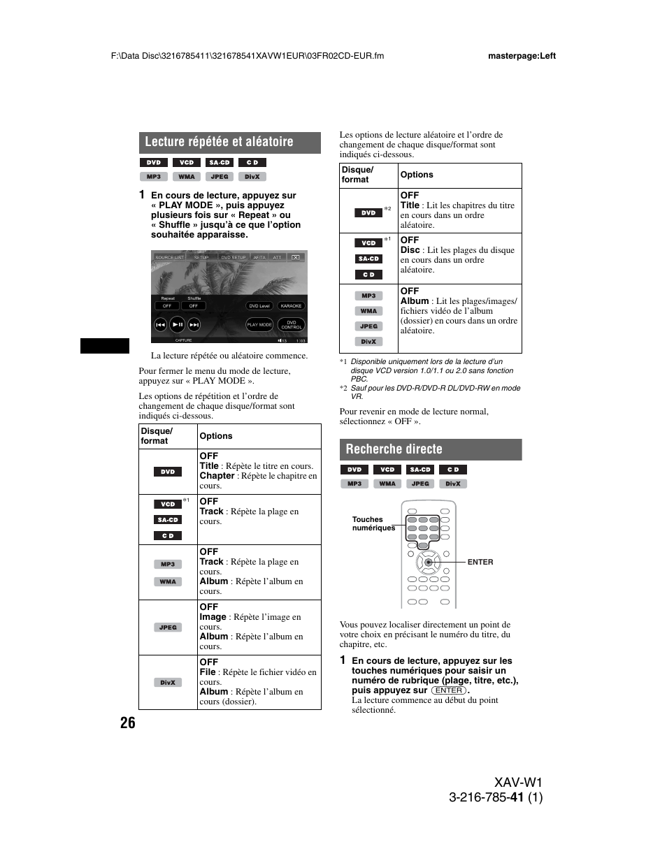 Lecture répétée et aléatoire, Recherche directe | Sony XAV-W1 User Manual | Page 160 / 344