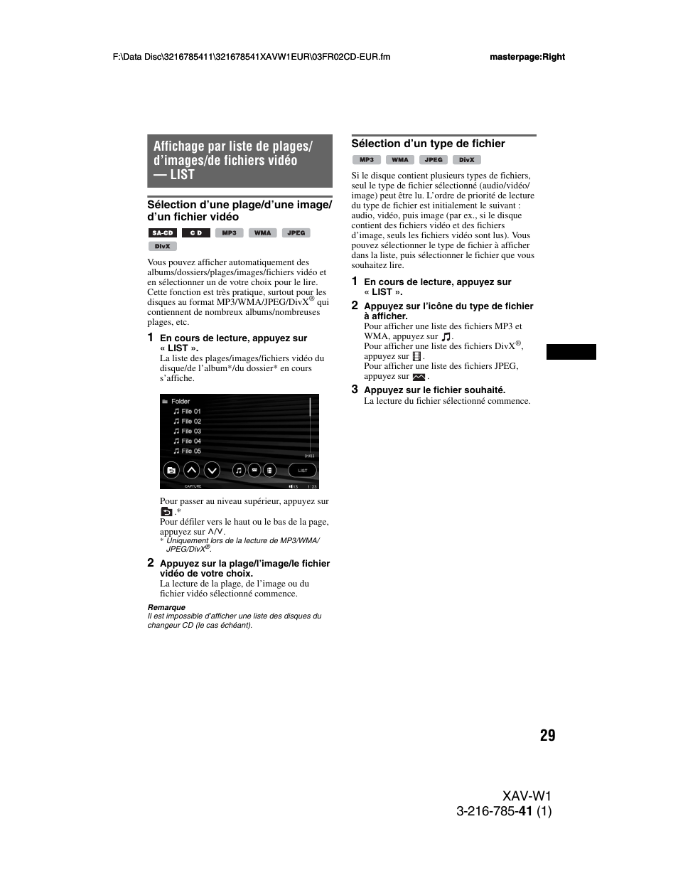 Sélection d’un type de fichier, Sélection d’une plage/d’une image, D’un fichier vidéo sélection d’un type de fichier | À 29 | Sony XAV-W1 User Manual | Page 163 / 344