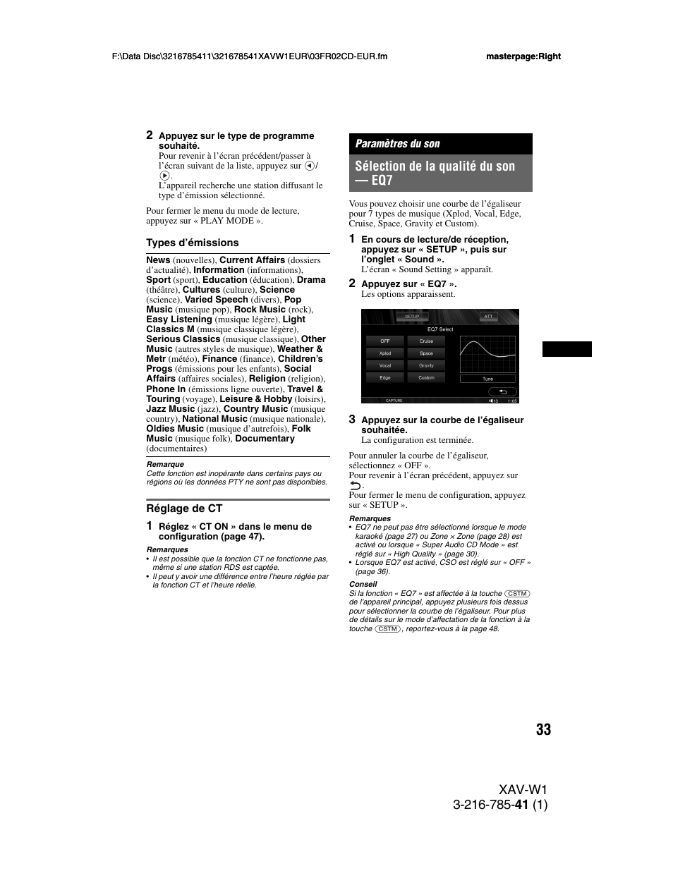 Réglage de ct, Paramètres du son, Sélection de la qualité du son - eq7 | Sélection de la qualité du son — eq7 | Sony XAV-W1 User Manual | Page 167 / 344