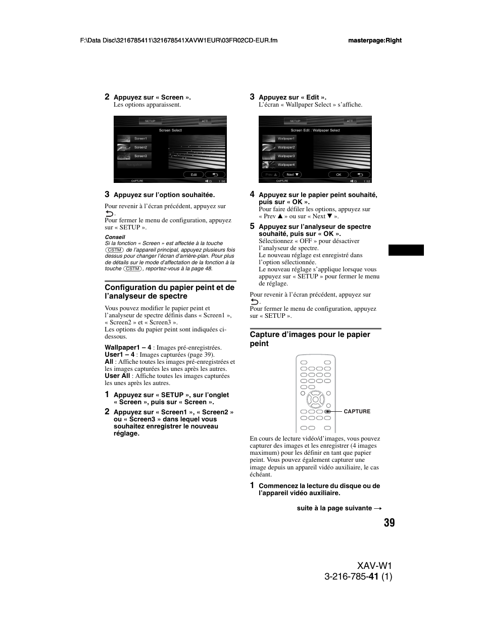 Capture d’images pour le papier peint, Configuration du papier peint et de | Sony XAV-W1 User Manual | Page 173 / 344