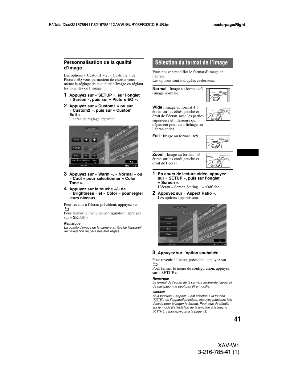 Personnalisation de la qualité d’image, Sélection du format de l’image | Sony XAV-W1 User Manual | Page 175 / 344