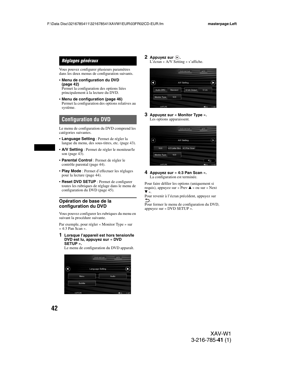 Réglages généraux, Configuration du dvd, Opération de base de la configuration du dvd | Opération de base de la configuration du | Sony XAV-W1 User Manual | Page 176 / 344