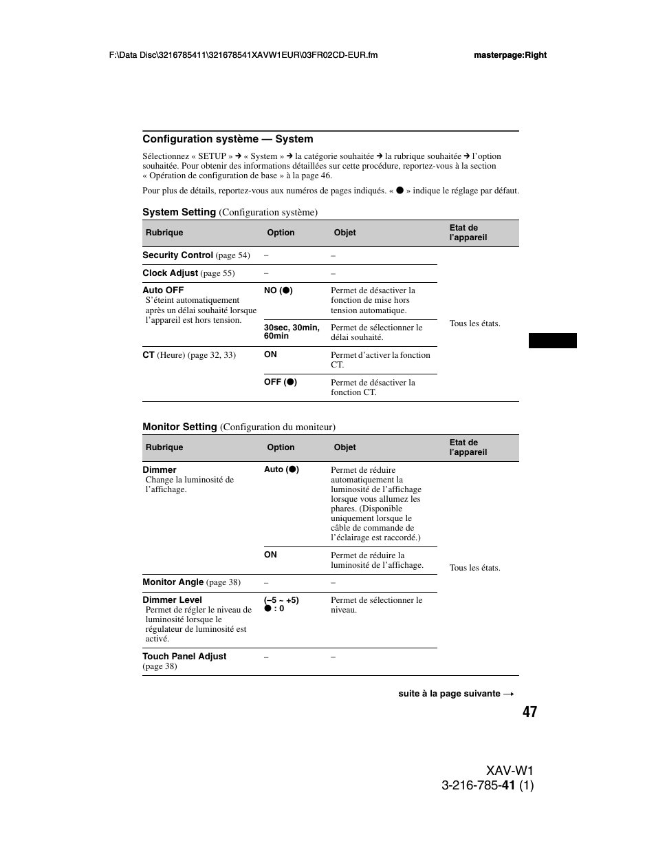 Configuration système - system, Configuration système — system | Sony XAV-W1 User Manual | Page 181 / 344