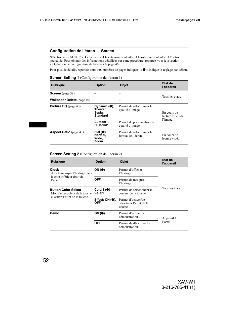 Configuration de l’écran - screen, Configuration de l’écran — screen | Sony XAV-W1 User Manual | Page 186 / 344