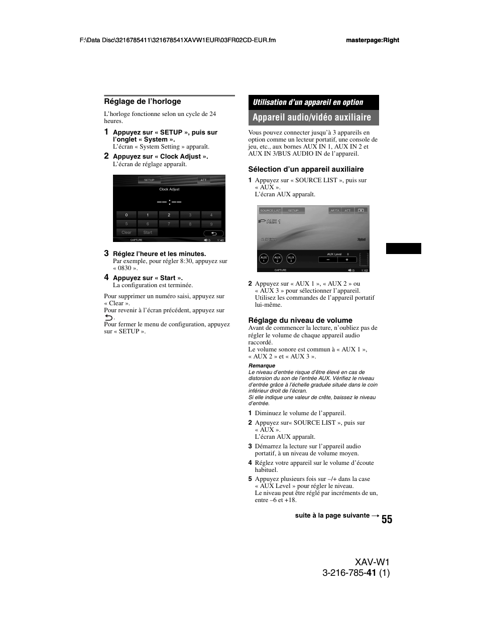 Réglage de l’horloge, Utilisation d’un appareil en option, Appareil audio/vidéo auxiliaire | Sony XAV-W1 User Manual | Page 189 / 344