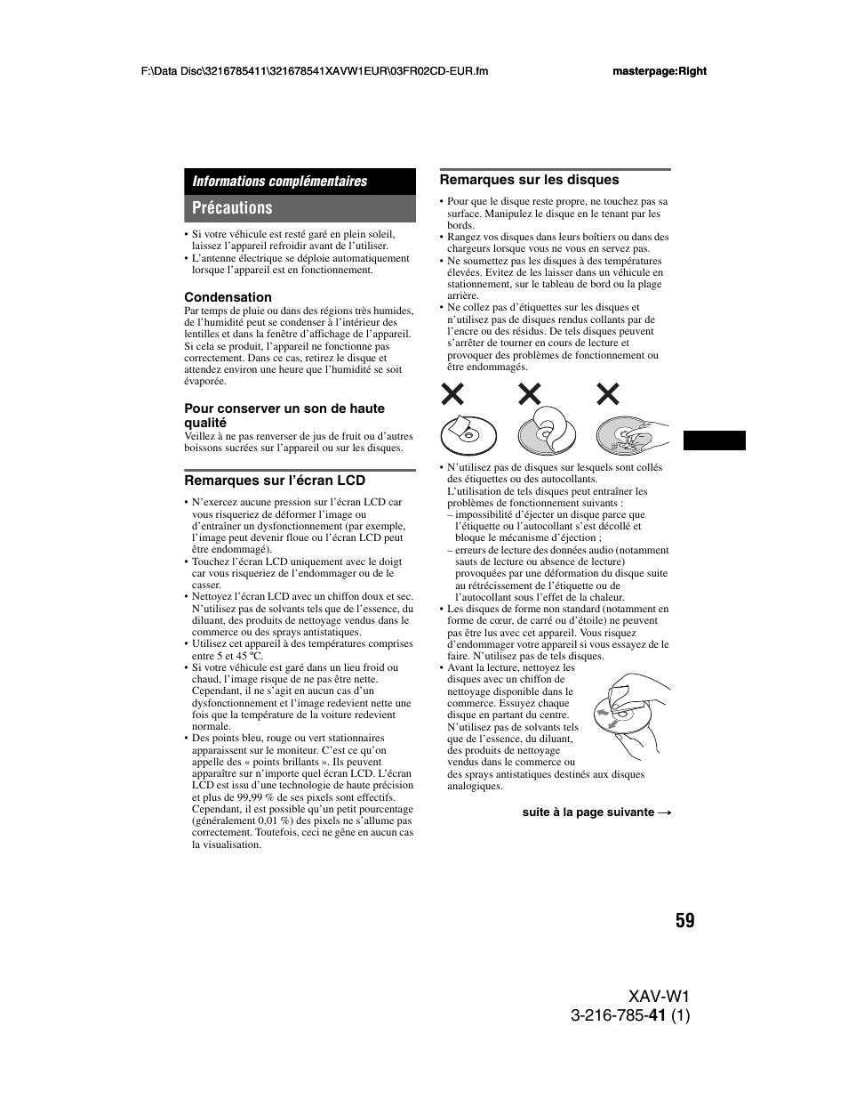 Informations complémentaires, Précautions, Remarques sur l’écran lcd | Remarques sur les disques | Sony XAV-W1 User Manual | Page 193 / 344