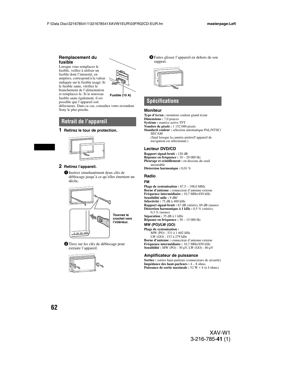Retrait de l’appareil, Spécifications | Sony XAV-W1 User Manual | Page 196 / 344