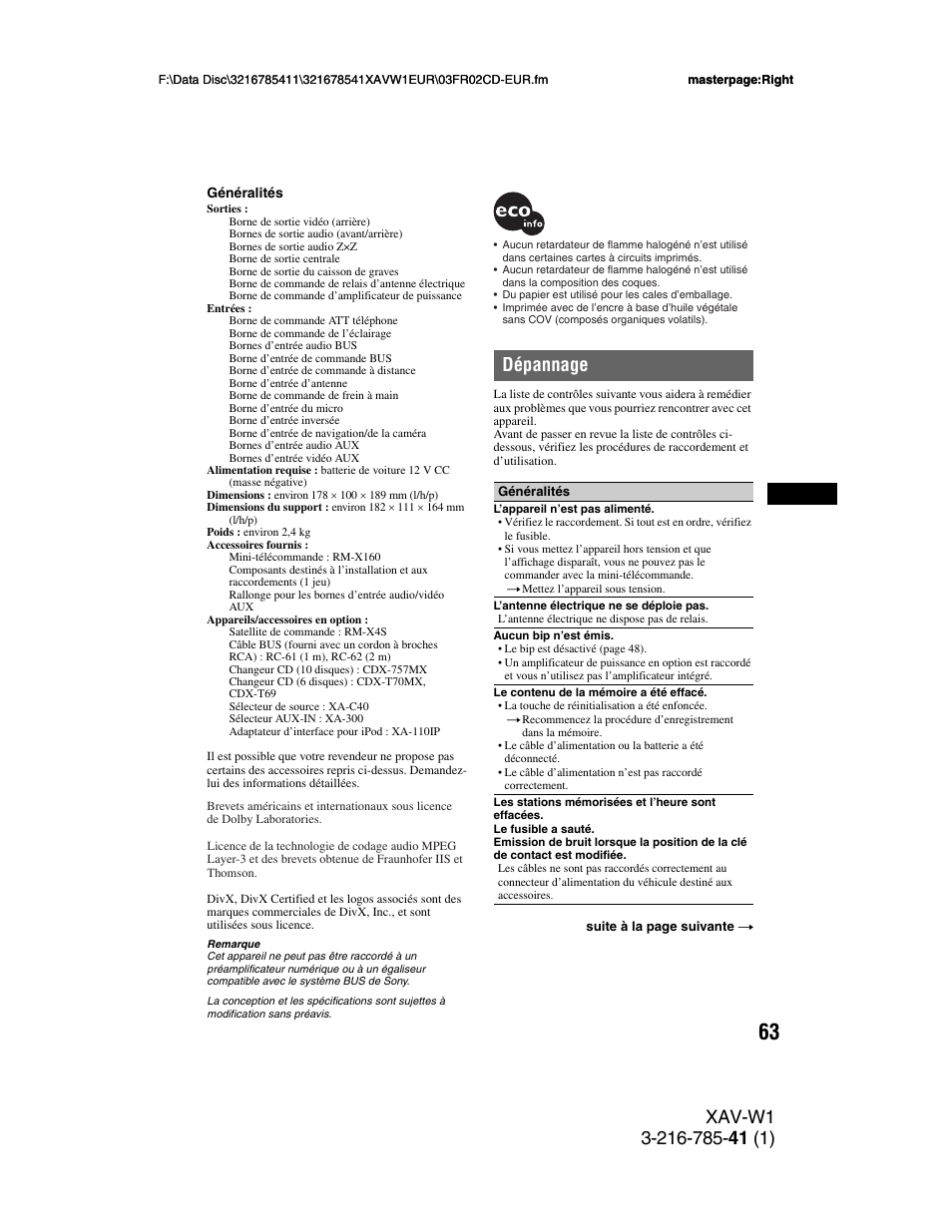 Dépannage | Sony XAV-W1 User Manual | Page 197 / 344