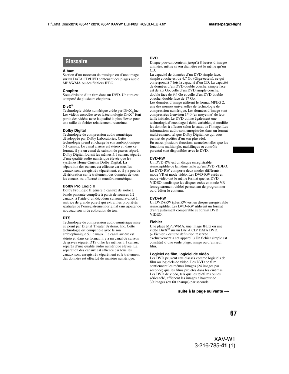 Glossaire | Sony XAV-W1 User Manual | Page 201 / 344