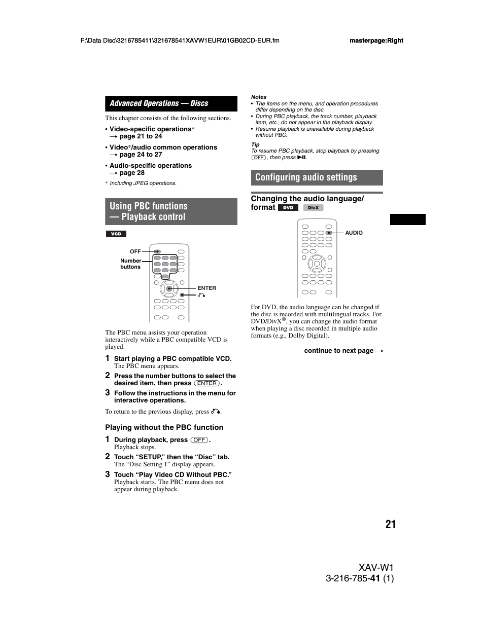 Advanced operations - discs, Using pbc functions - playback control, Configuring audio settings | Changing the audio language/ format, Advanced operations — discs, Using pbc functions — playback control, Changing the audio language/format | Sony XAV-W1 User Manual | Page 21 / 344