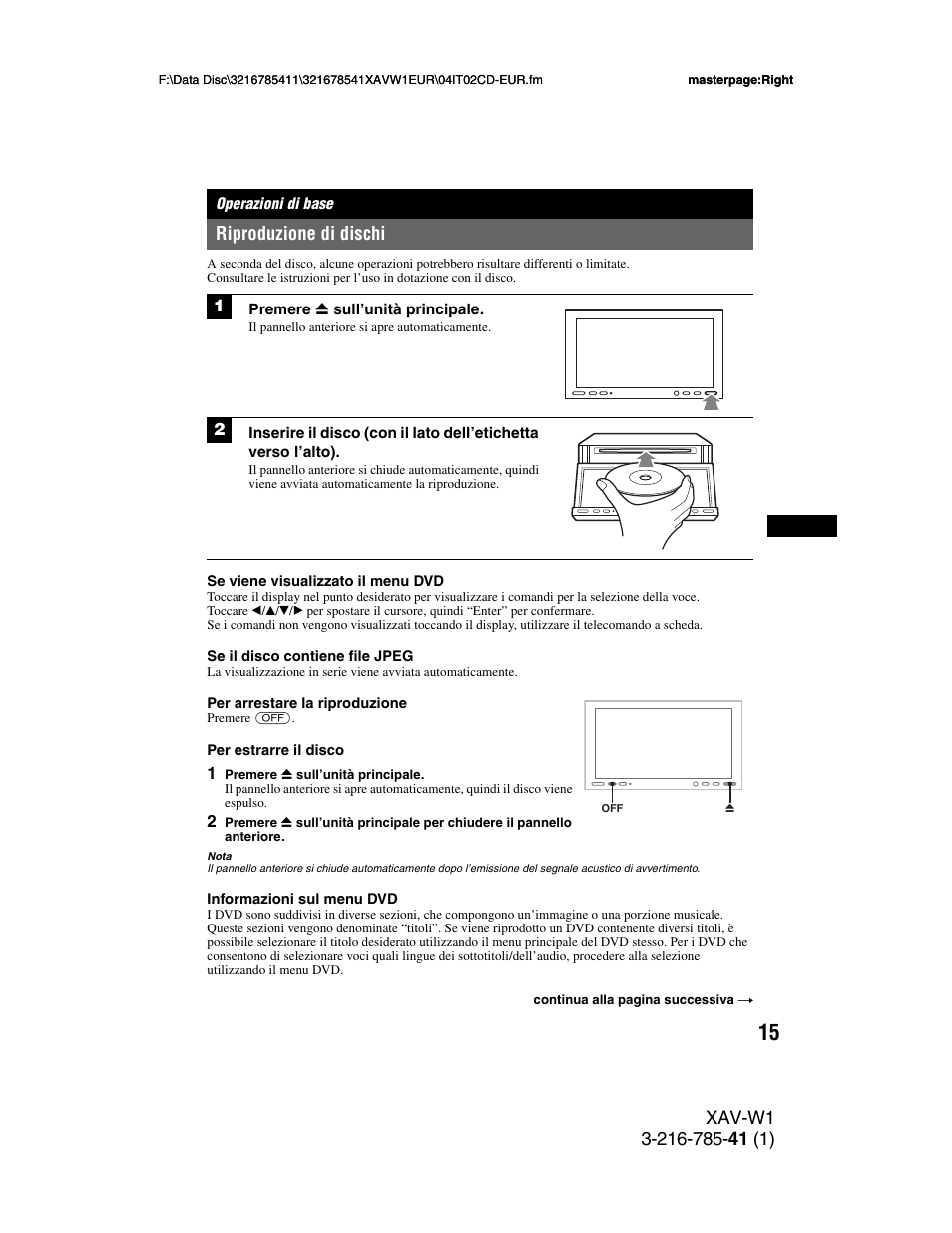Operazioni di base, Riproduzione di dischi | Sony XAV-W1 User Manual | Page 219 / 344