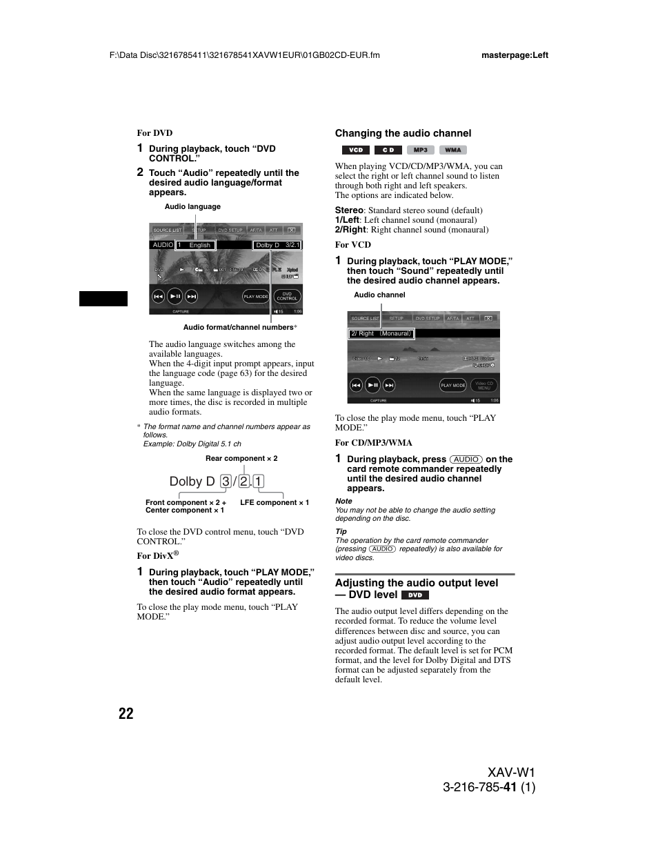 Adjusting the audio output level - dvd level, Adjusting the audio output level, Dvd level | Dolby d 3 / 2 | Sony XAV-W1 User Manual | Page 22 / 344