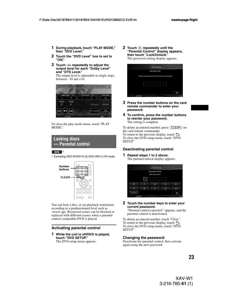 Locking discs - parental control, Activating parental control, Locking discs — parental control | Sony XAV-W1 User Manual | Page 23 / 344