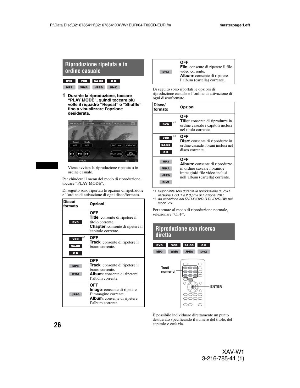 Riproduzione ripetuta e in ordine casuale, Riproduzione con ricerca diretta | Sony XAV-W1 User Manual | Page 230 / 344
