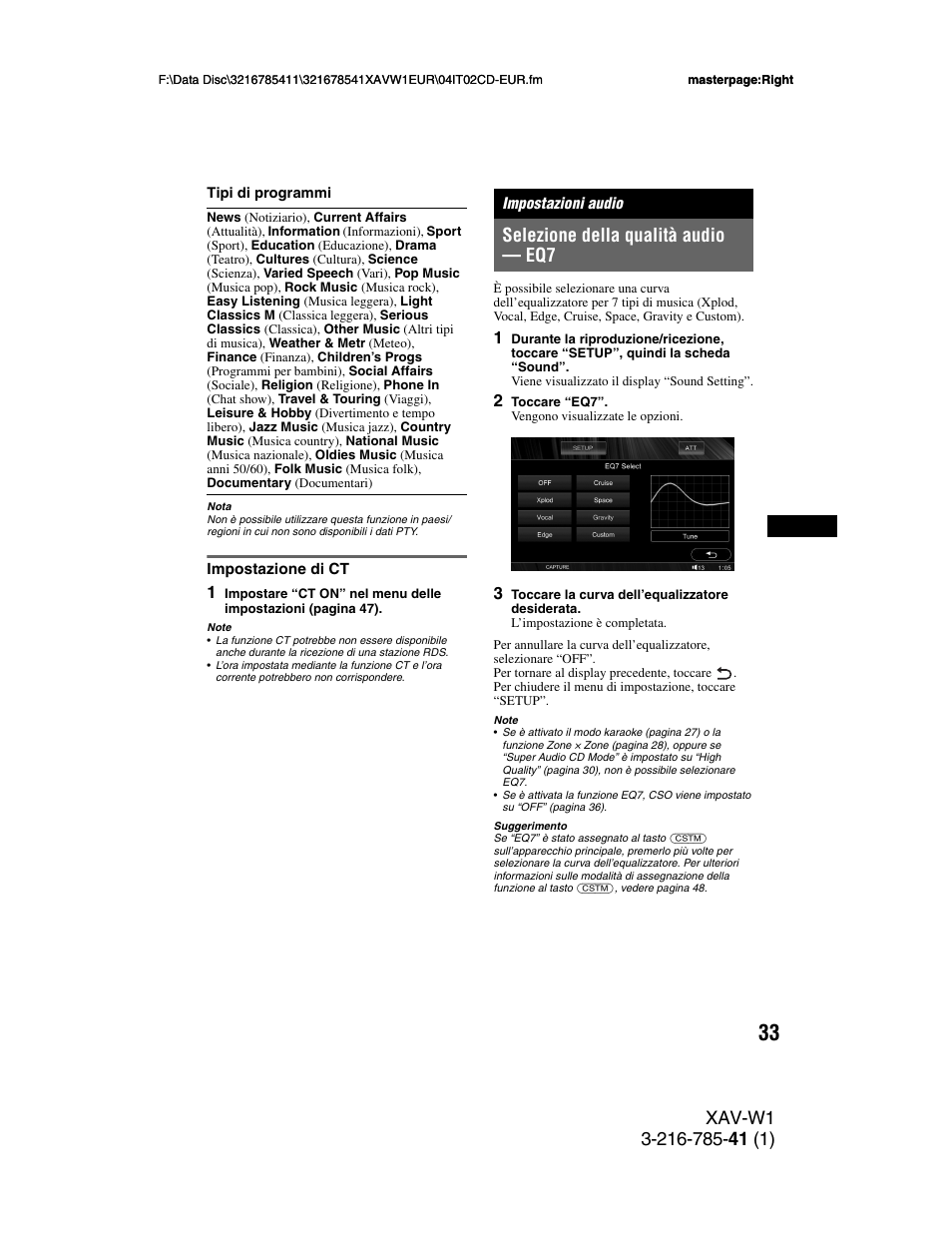 Impostazione di ct, Impostazioni audio, Selezione della qualità audio - eq7 | Selezione della qualità audio — eq7 | Sony XAV-W1 User Manual | Page 237 / 344