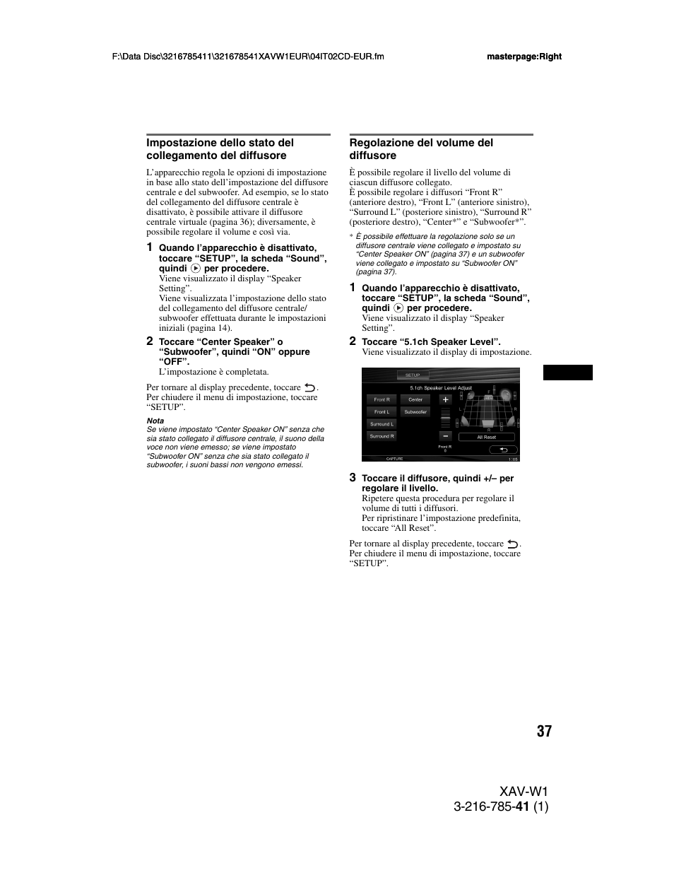 Regolazione del volume del diffusore | Sony XAV-W1 User Manual | Page 241 / 344