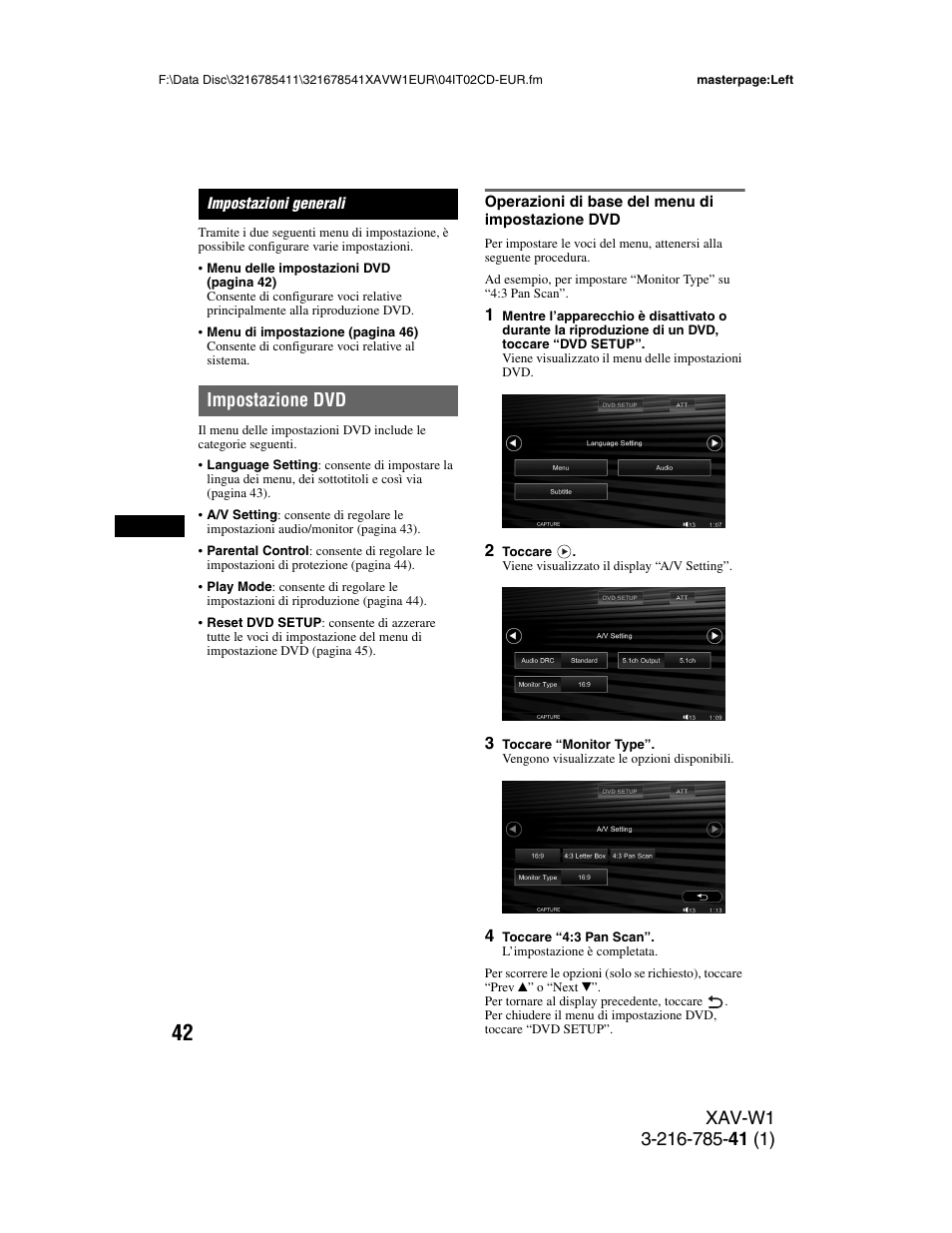 Impostazioni generali, Impostazione dvd, Operazioni di base del menu di impostazione dvd | Sony XAV-W1 User Manual | Page 246 / 344