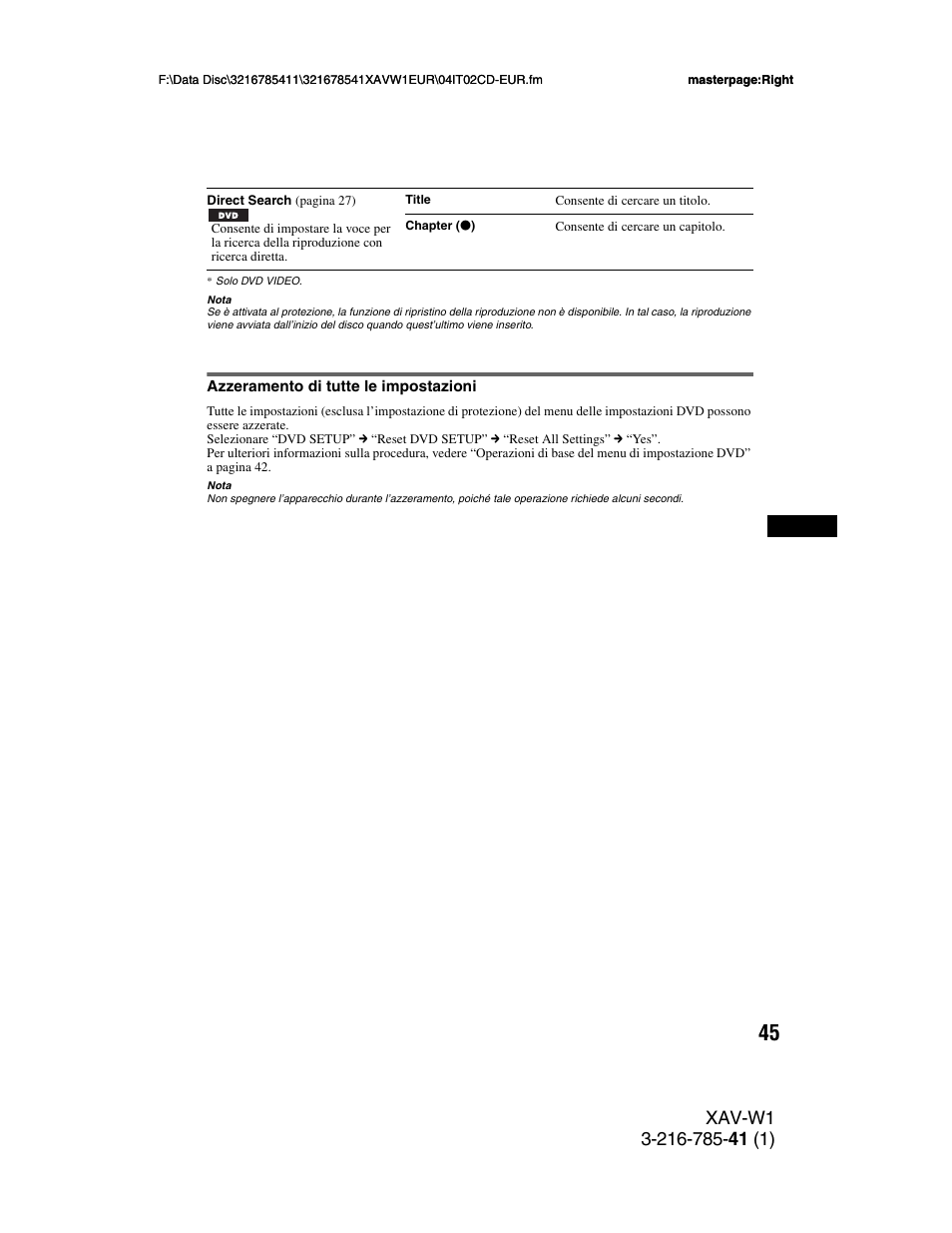 Azzeramento di tutte le impostazioni | Sony XAV-W1 User Manual | Page 249 / 344
