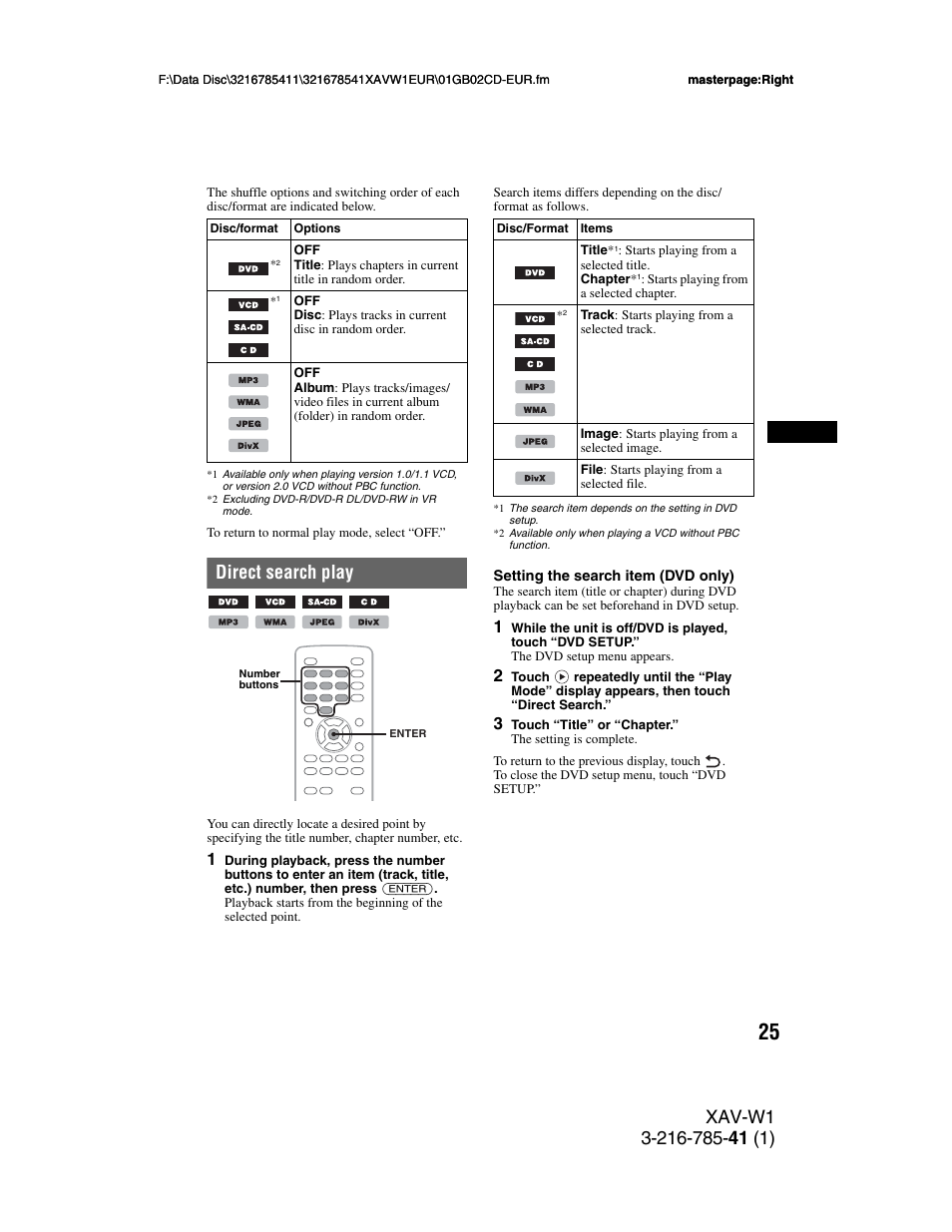 Direct search play | Sony XAV-W1 User Manual | Page 25 / 344