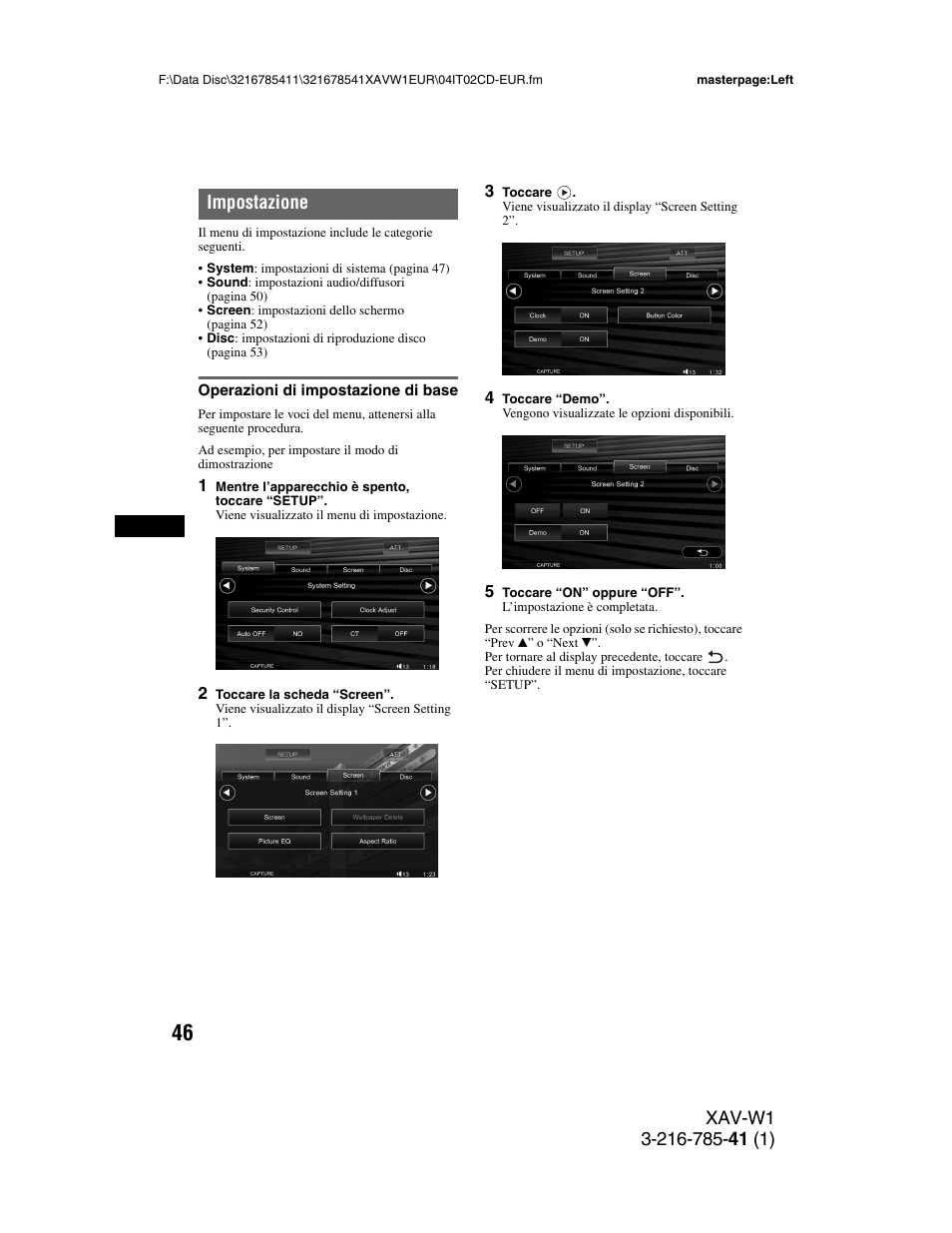 Impostazione, Operazioni di impostazione di base | Sony XAV-W1 User Manual | Page 250 / 344