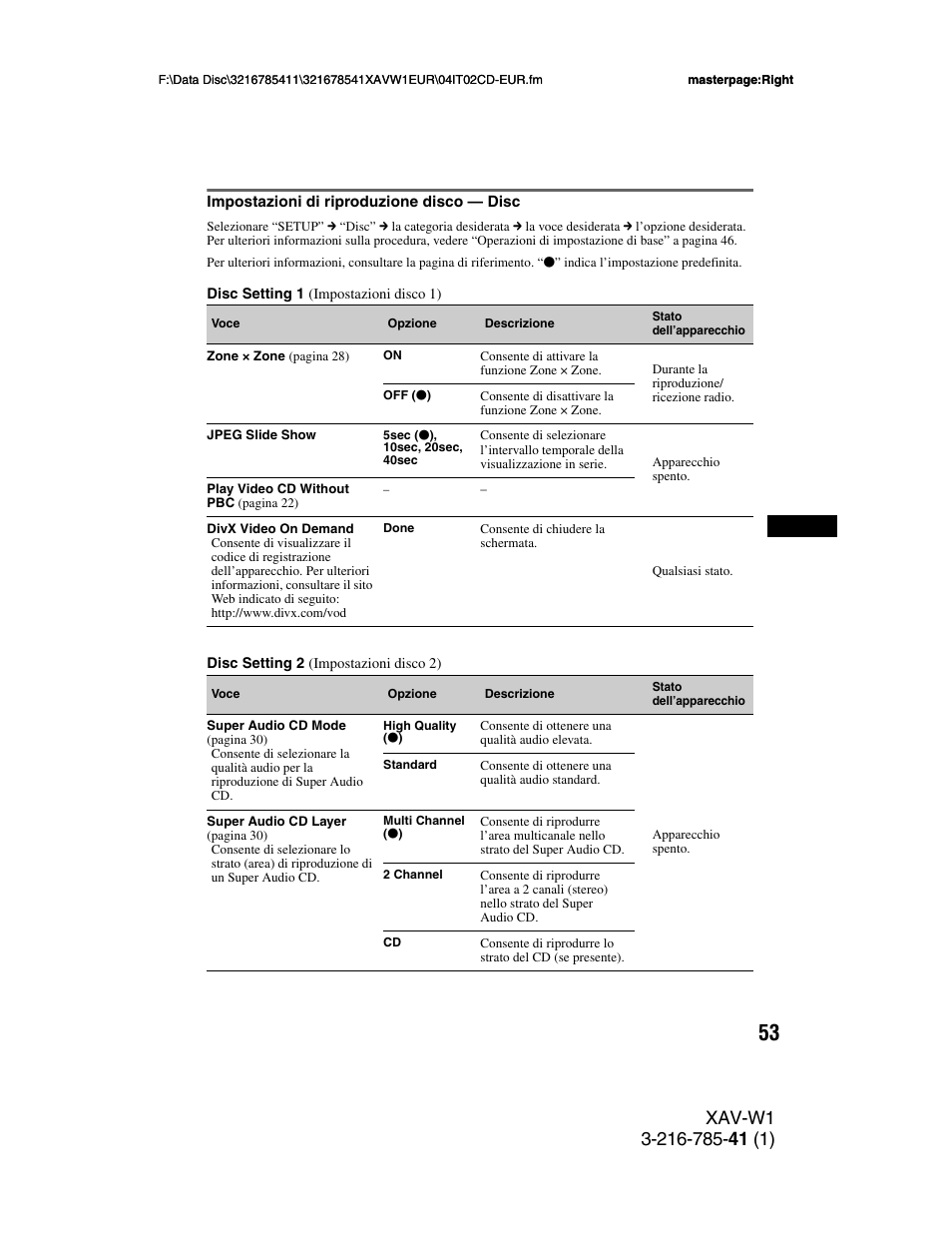 Impostazioni di riproduzione disco - disc, Impostazioni di riproduzione disco, Disc | Sony XAV-W1 User Manual | Page 257 / 344