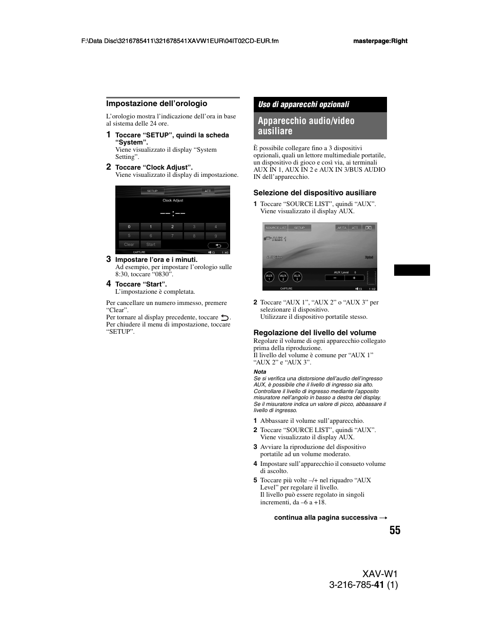 Impostazione dell’orologio, Uso di apparecchi opzionali, Apparecchio audio/video ausiliare | Sony XAV-W1 User Manual | Page 259 / 344
