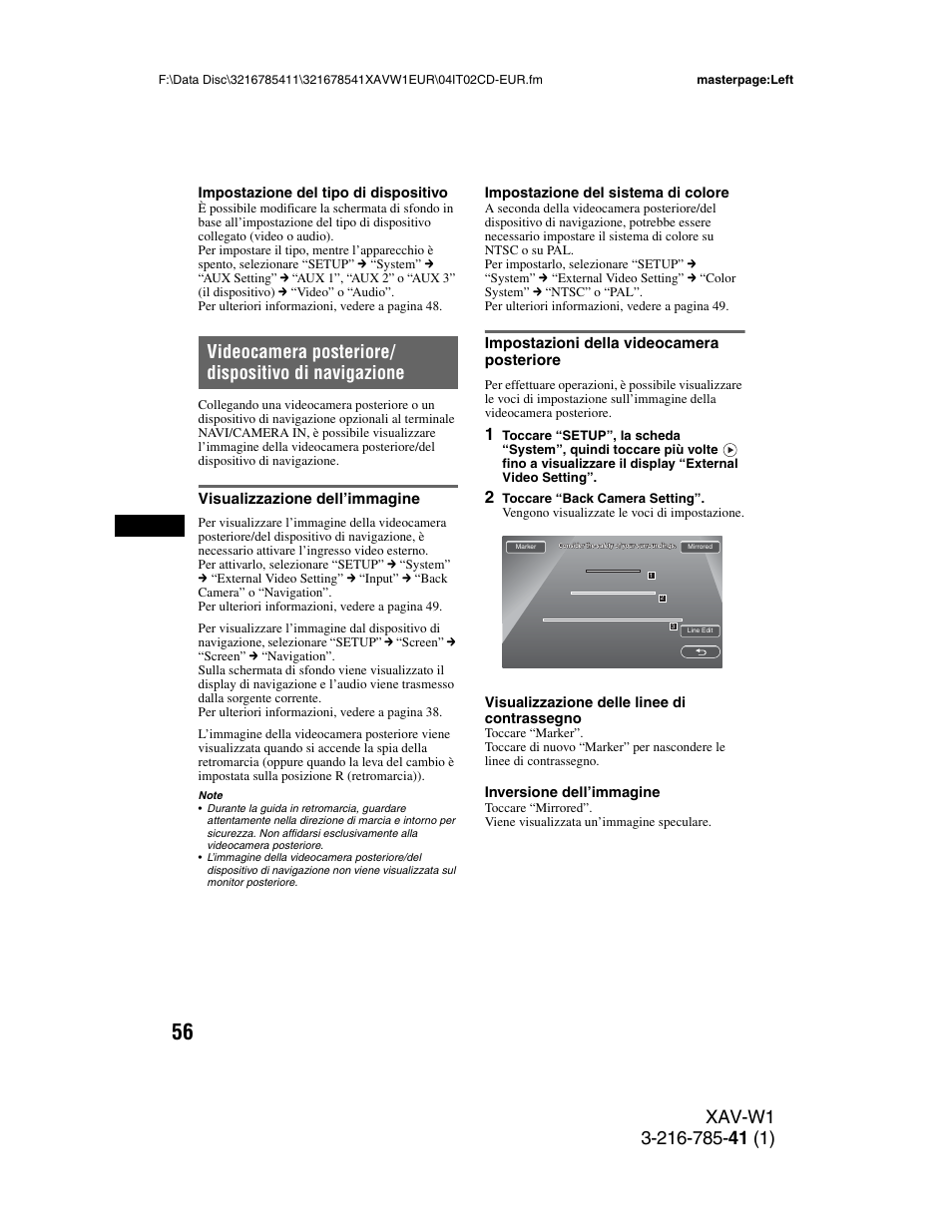 Videocamera posteriore/ dispositivo di navigazione, Visualizzazione dell’immagine, Impostazioni della videocamera posteriore | Videocamera posteriore/dispositivo di navigazione, Posteriore | Sony XAV-W1 User Manual | Page 260 / 344