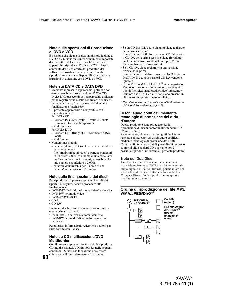 Ordine di riproduzione dei file mp3/ wma/jpeg/divx, Ordine di riproduzione dei file, Mp3/wma/jpeg/divx | Sony XAV-W1 User Manual | Page 264 / 344