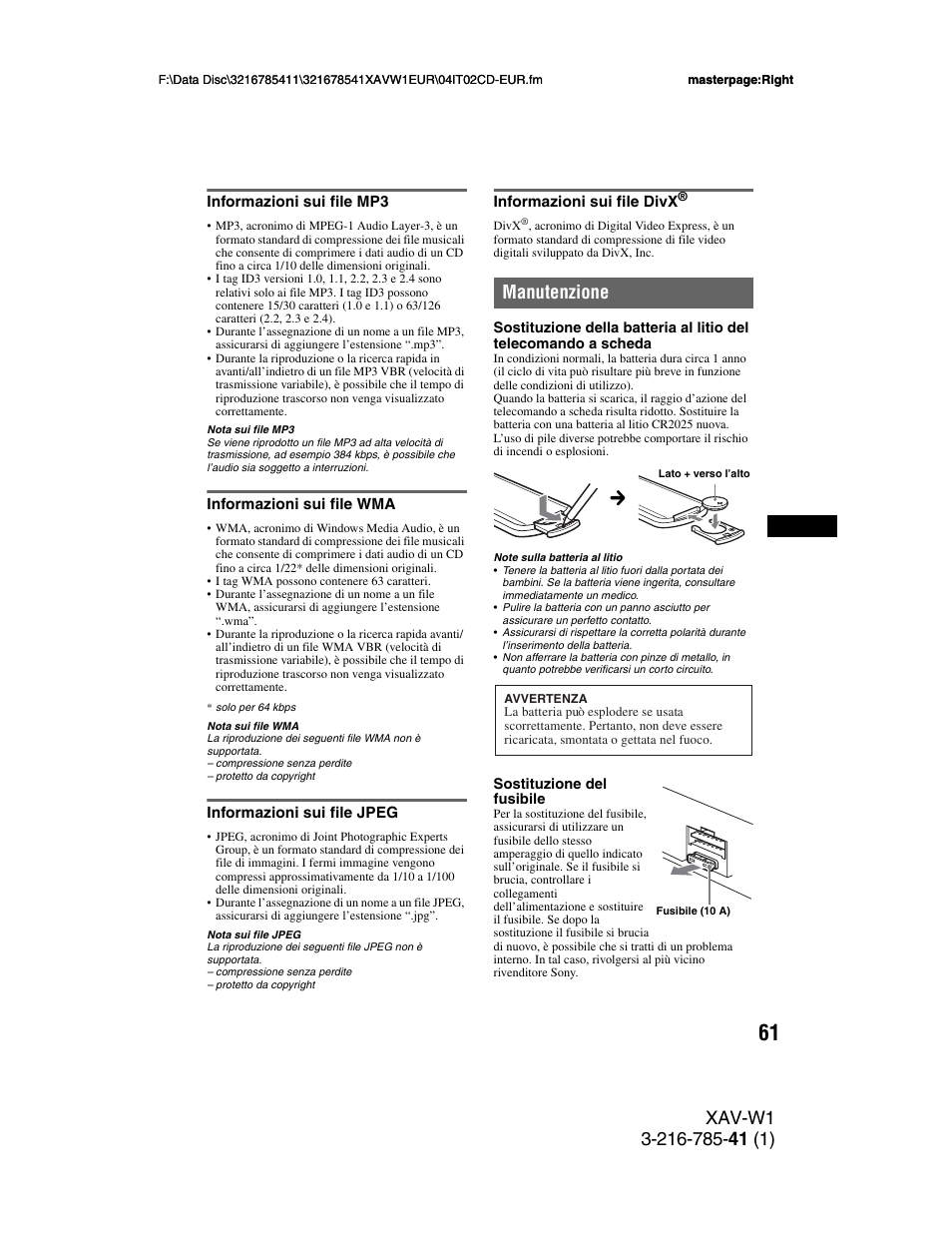 Informazioni sui file mp3, Informazioni sui file wma, Informazioni sui file jpeg | Informazioni sui file divx, Manutenzione | Sony XAV-W1 User Manual | Page 265 / 344
