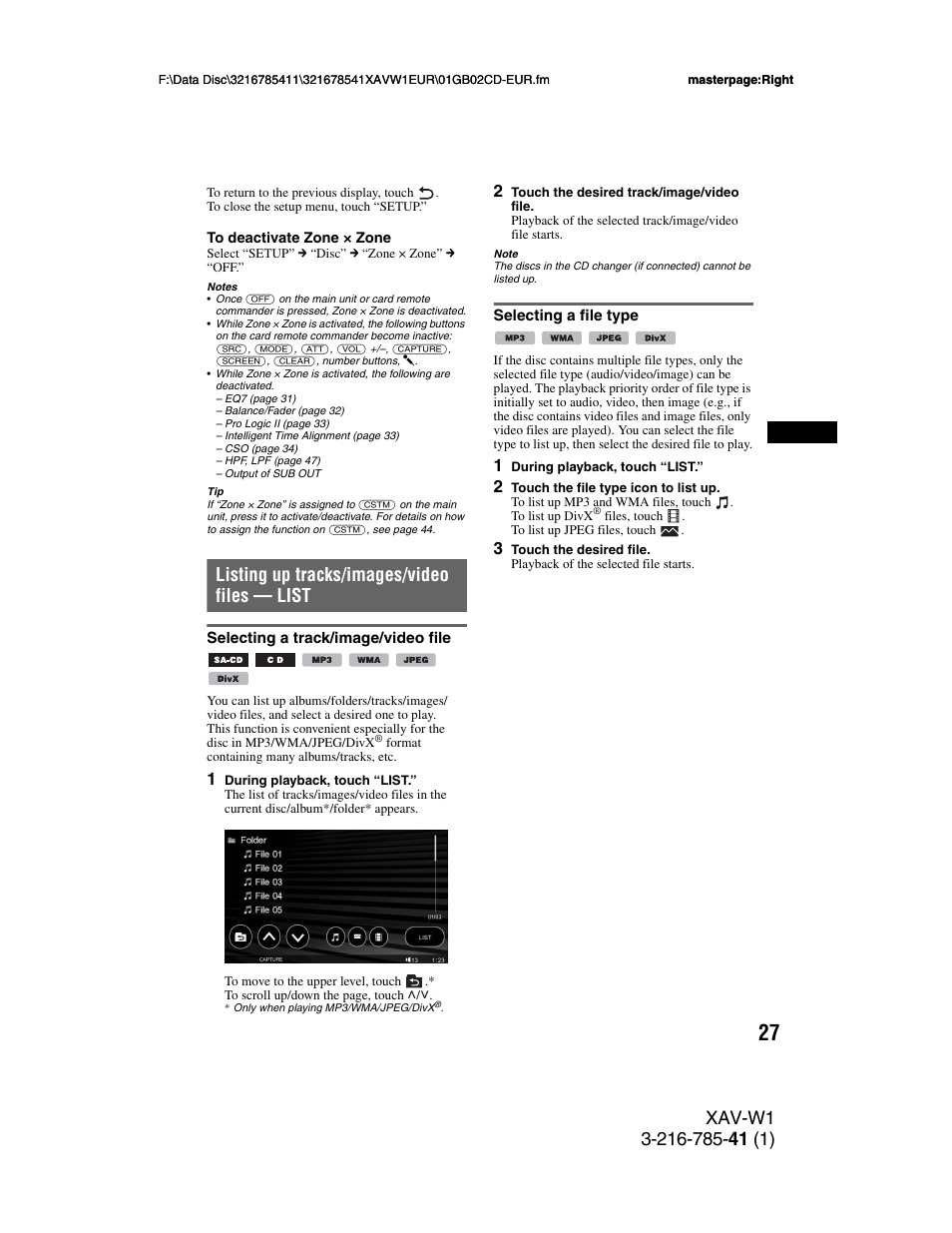 Listing up tracks/images/video files - list, Selecting a track/image/video file, Selecting a file type | Listing up tracks/images/video files, List, Listing up tracks/images/video files — list | Sony XAV-W1 User Manual | Page 27 / 344