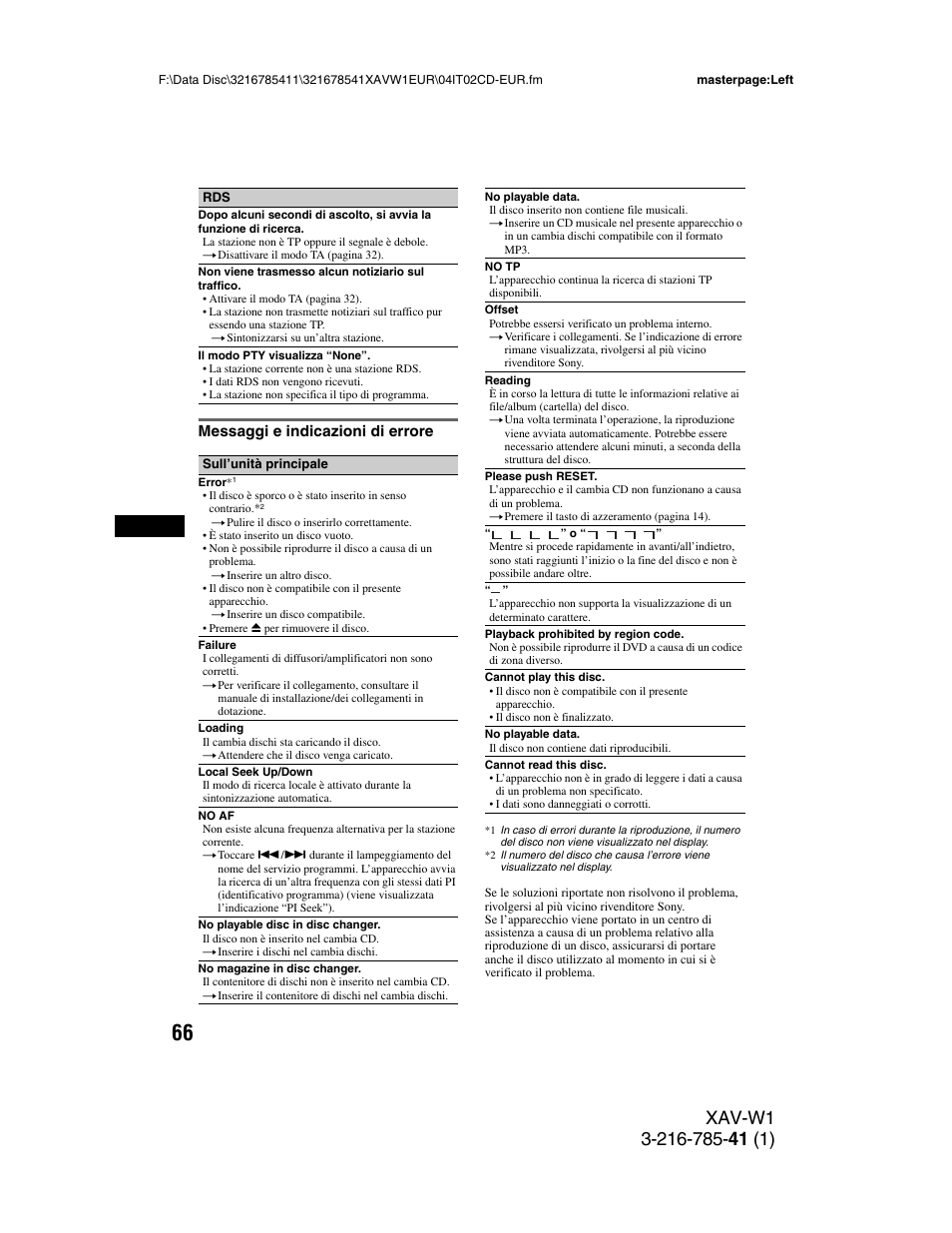 Messaggi e indicazioni di errore | Sony XAV-W1 User Manual | Page 270 / 344