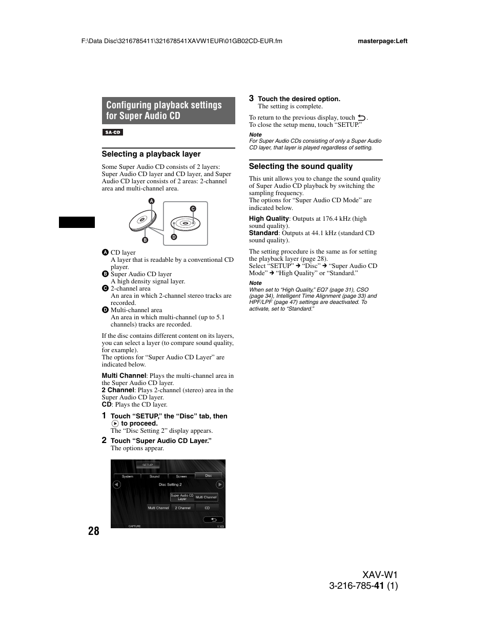 Configuring playback settings for super audio cd, Selecting a playback layer, Selecting the sound quality | Sony XAV-W1 User Manual | Page 28 / 344