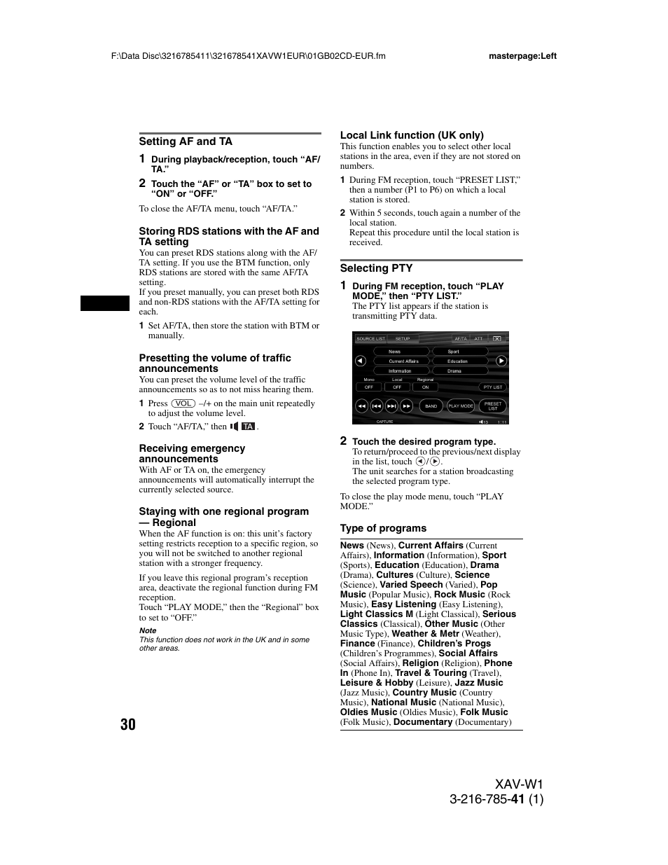 Setting af and ta, Selecting pty, Setting af and ta selecting pty | Sony XAV-W1 User Manual | Page 30 / 344