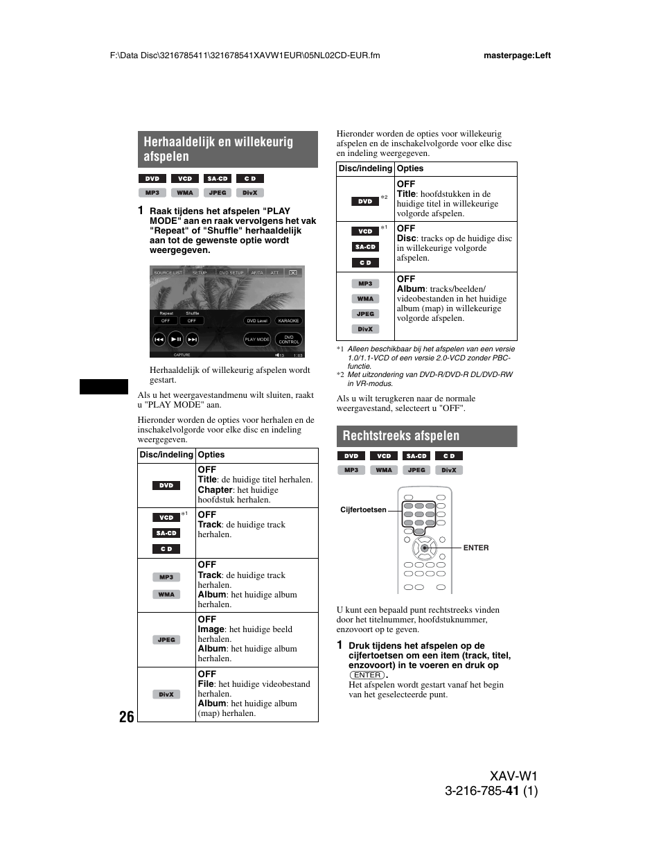 Herhaaldelijk en willekeurig afspelen, Rechtstreeks afspelen | Sony XAV-W1 User Manual | Page 300 / 344