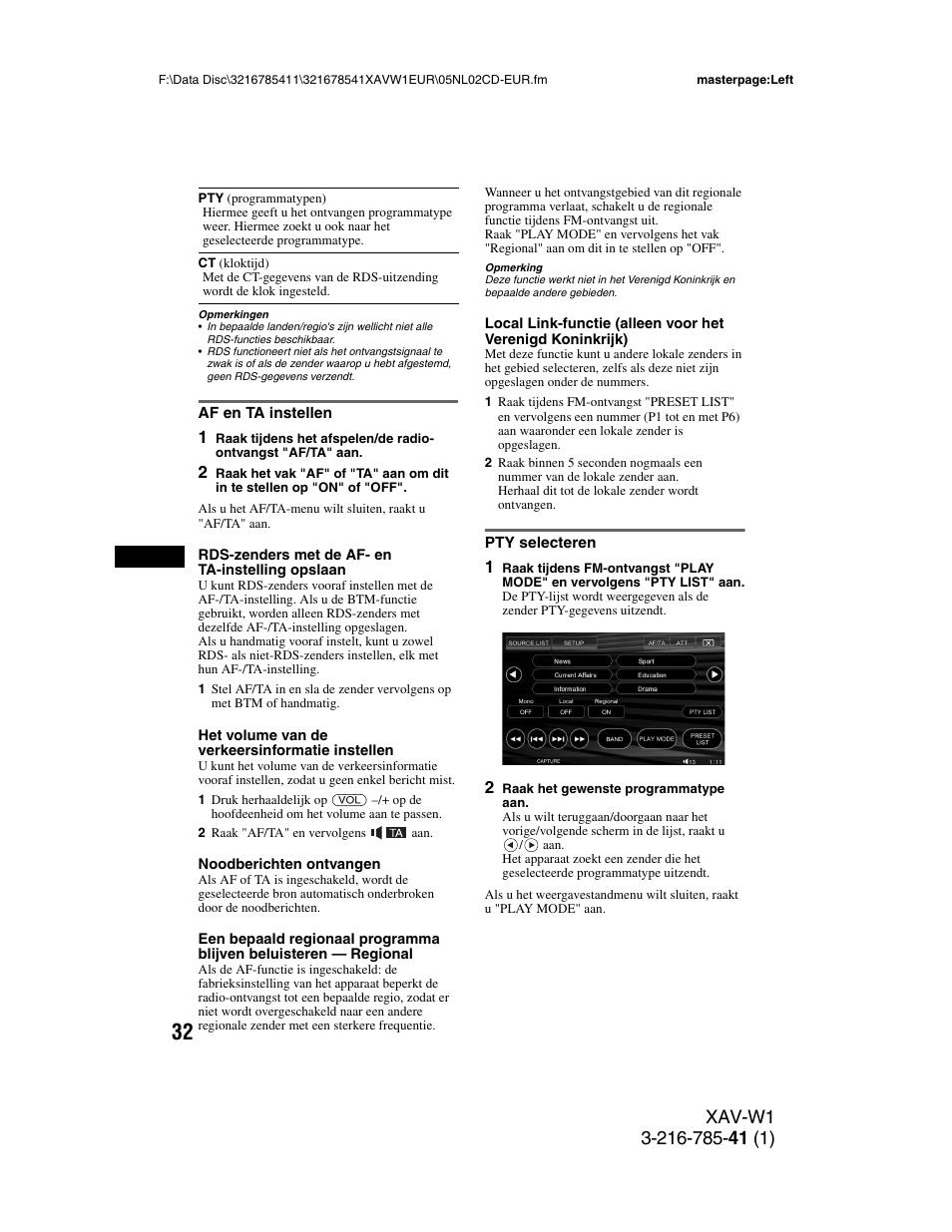 Af en ta instellen, Pty selecteren, Af en ta instellen pty selecteren | Sony XAV-W1 User Manual | Page 306 / 344