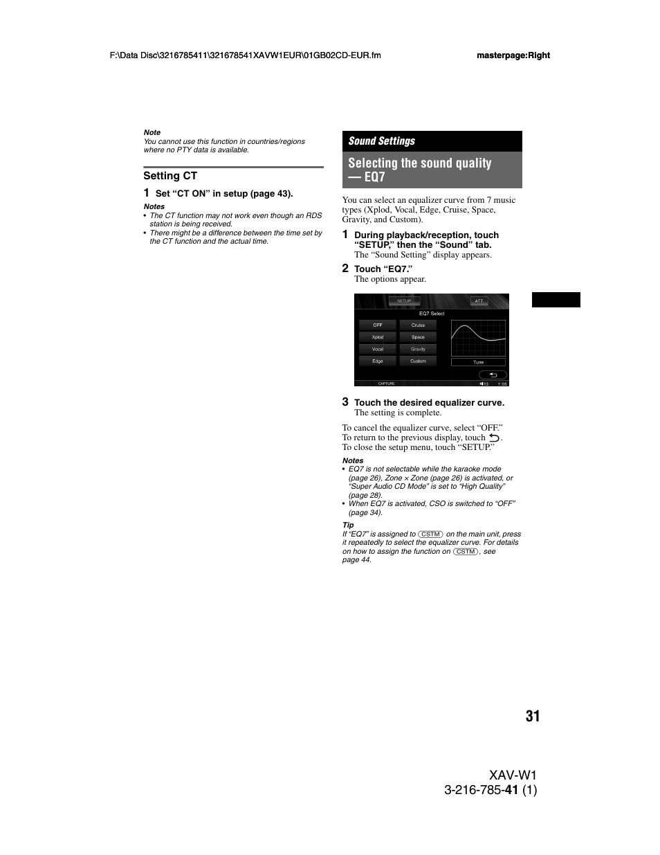 Setting ct, Sound settings, Selecting the sound quality - eq7 | Selecting the sound quality — eq7 | Sony XAV-W1 User Manual | Page 31 / 344