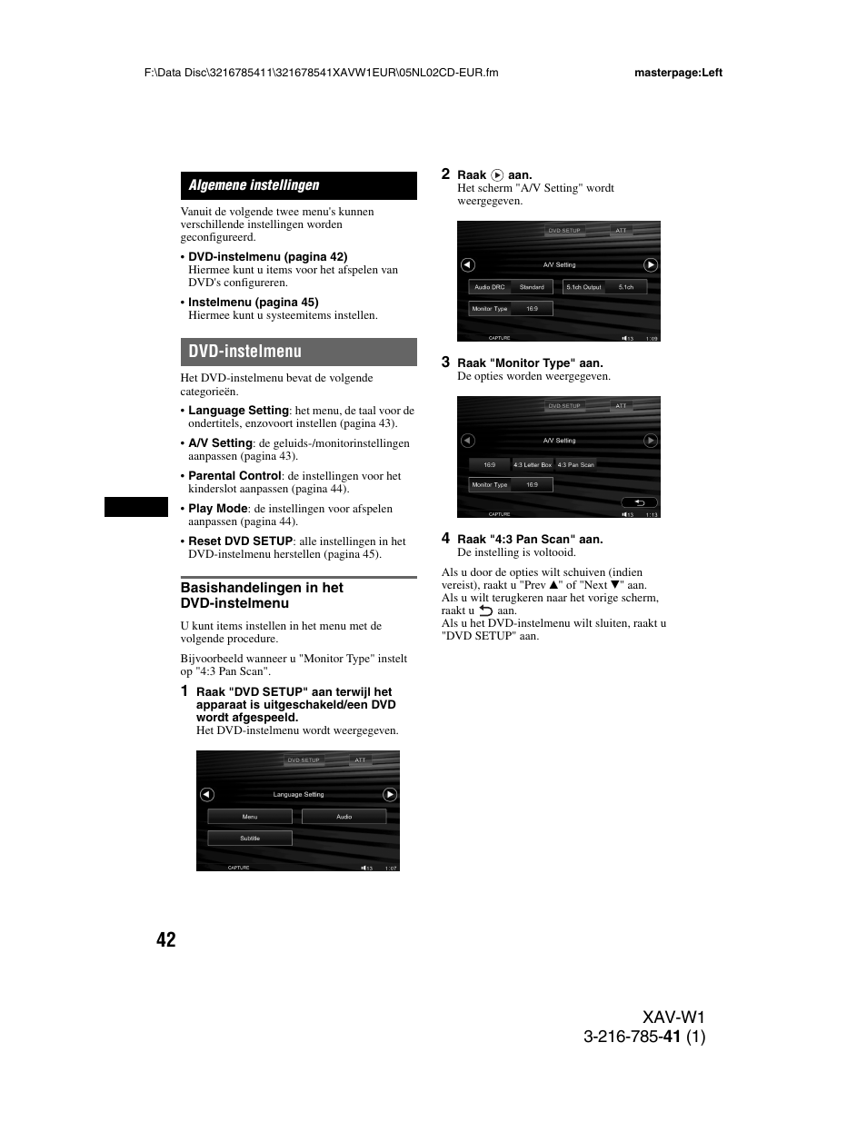 Algemene instellingen, Dvd-instelmenu, Basishandelingen in het dvd-instelmenu | Basishandelingen in het | Sony XAV-W1 User Manual | Page 316 / 344