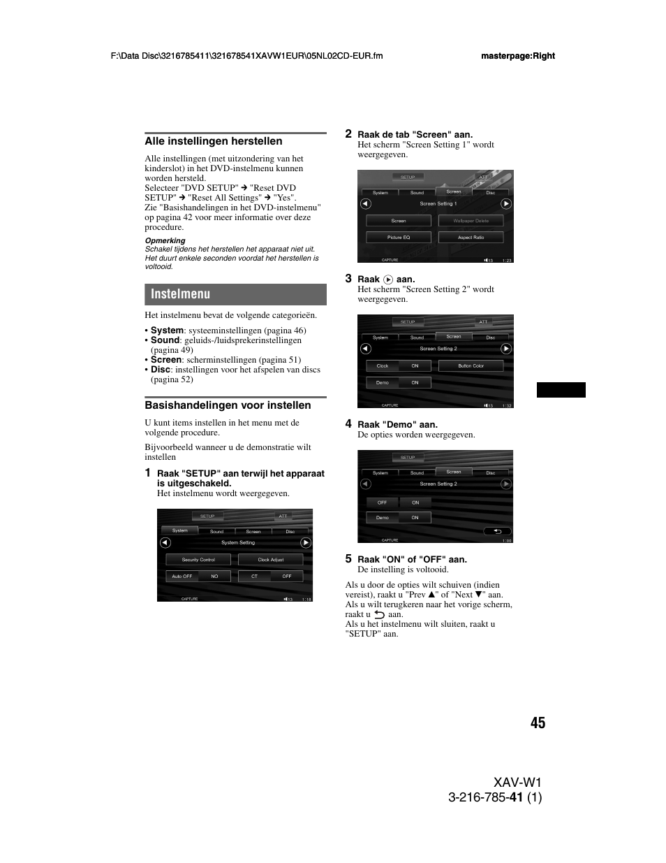 Alle instellingen herstellen, Instelmenu, Basishandelingen voor instellen | S 45 | Sony XAV-W1 User Manual | Page 319 / 344