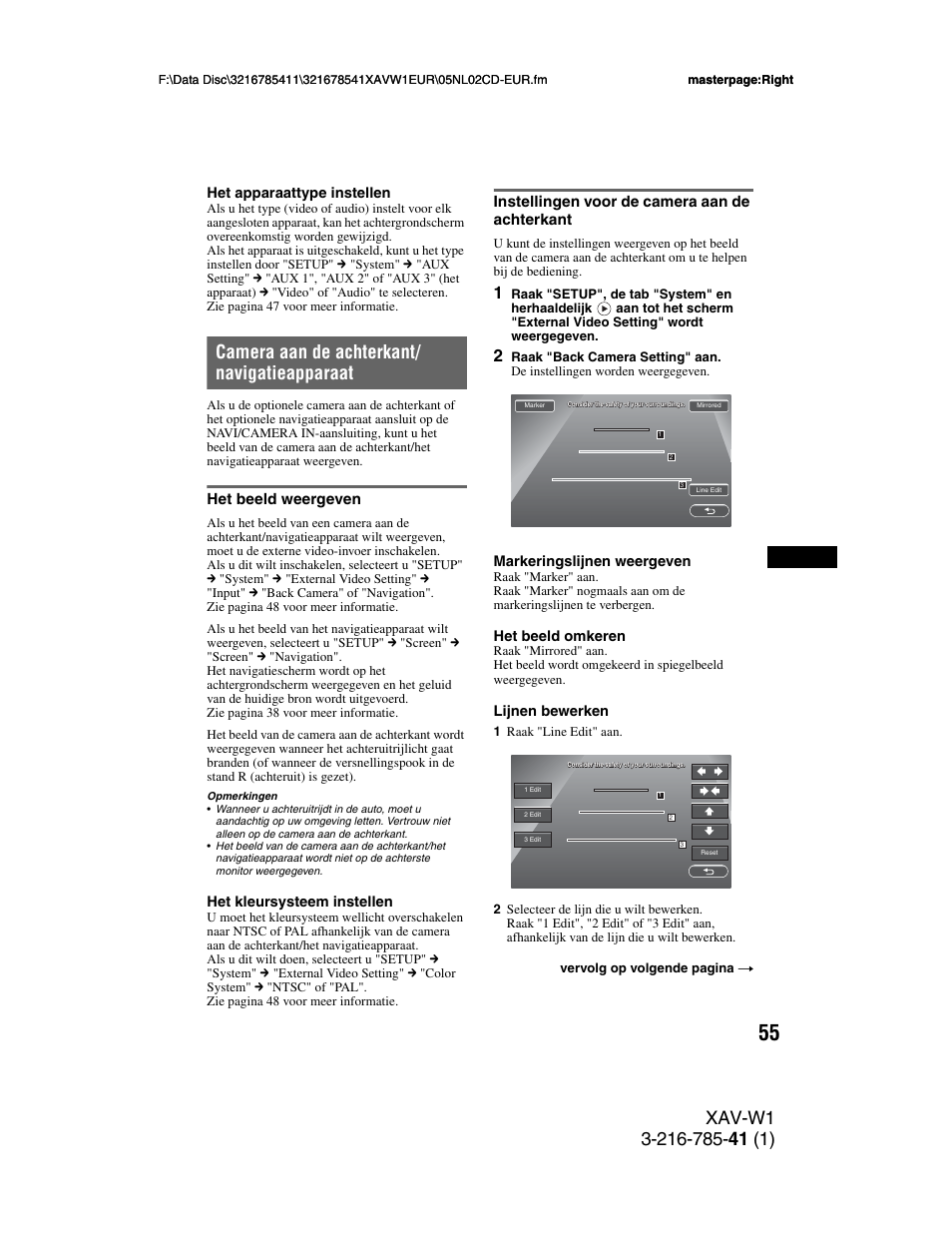 Camera aan de achterkant/ navigatieapparaat, Het beeld weergeven, Instellingen voor de camera aan de achterkant | Camera aan de achterkant, Navigatieapparaat, Achterkant | Sony XAV-W1 User Manual | Page 329 / 344