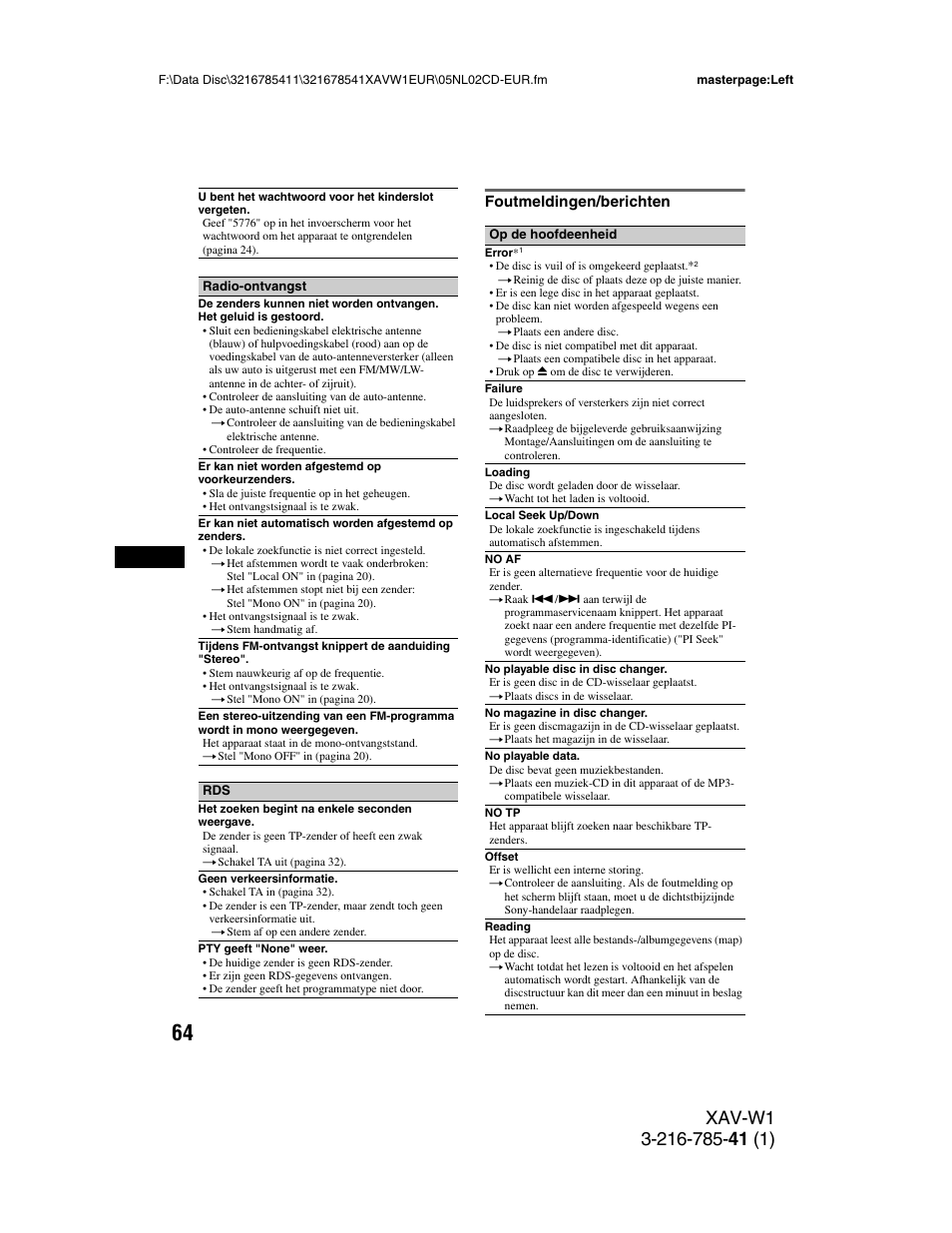 Foutmeldingen/berichten | Sony XAV-W1 User Manual | Page 338 / 344