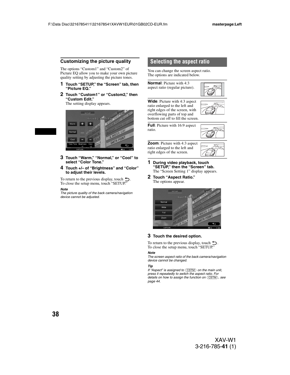 Customizing the picture quality, Selecting the aspect ratio | Sony XAV-W1 User Manual | Page 38 / 344