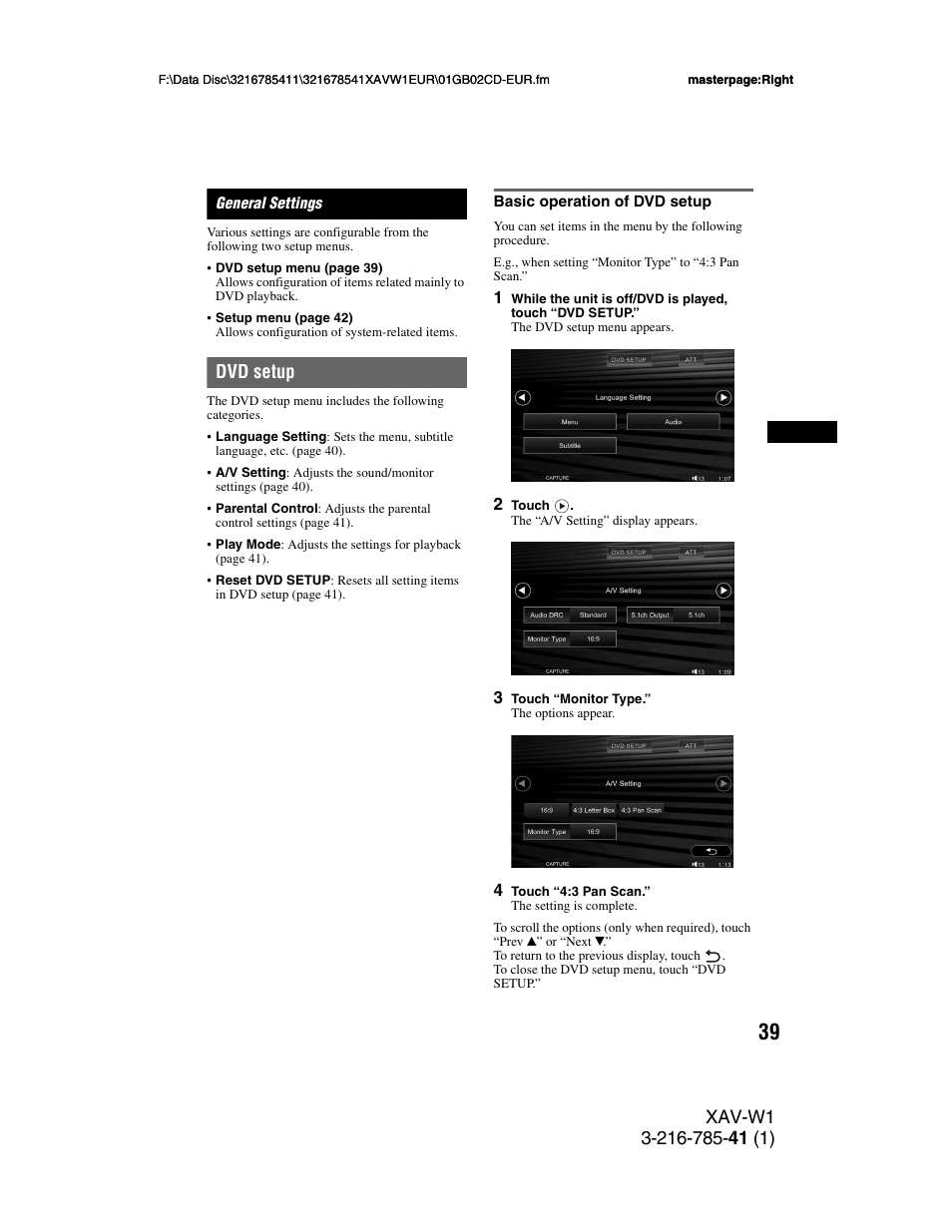 General settings, Dvd setup, Basic operation of dvd setup | Sony XAV-W1 User Manual | Page 39 / 344