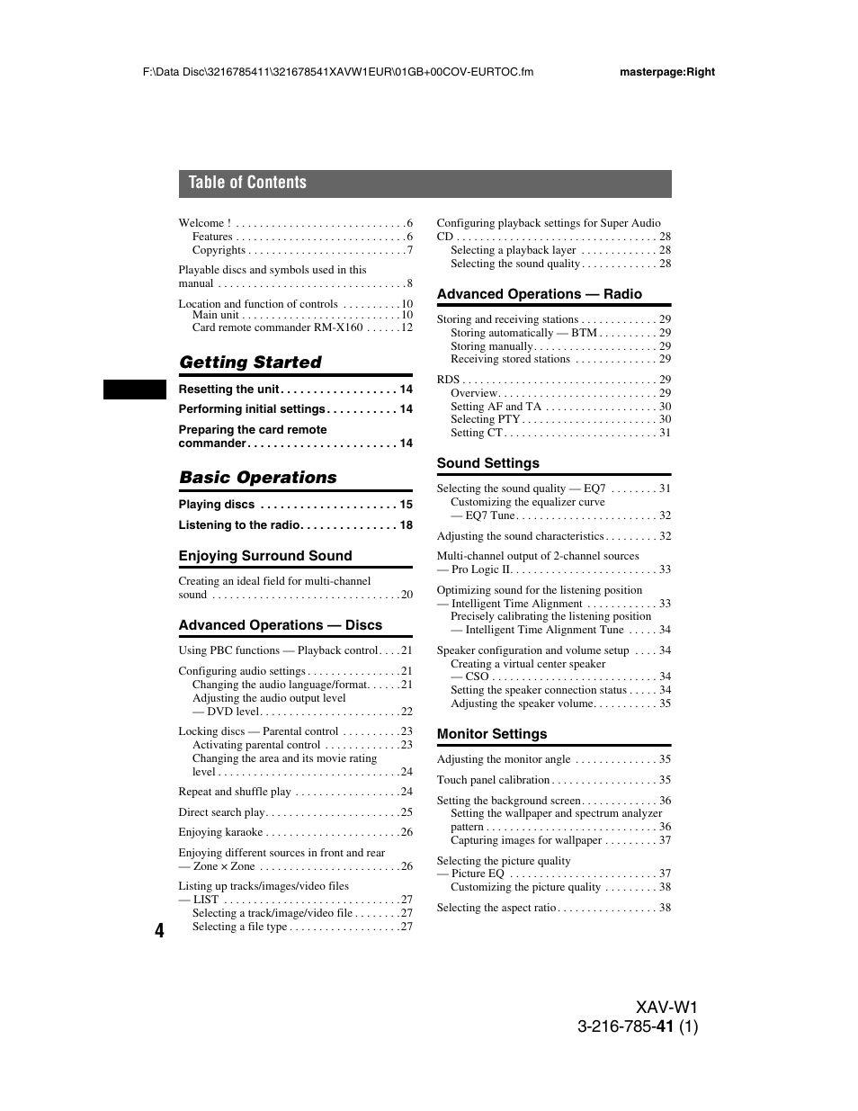 Getting started, Basic operations | Sony XAV-W1 User Manual | Page 4 / 344