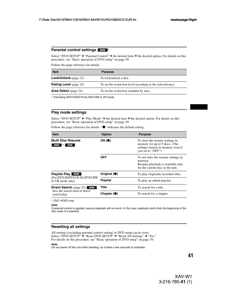 Parental control settings, Play mode settings, Resetting all settings | Sony XAV-W1 User Manual | Page 41 / 344