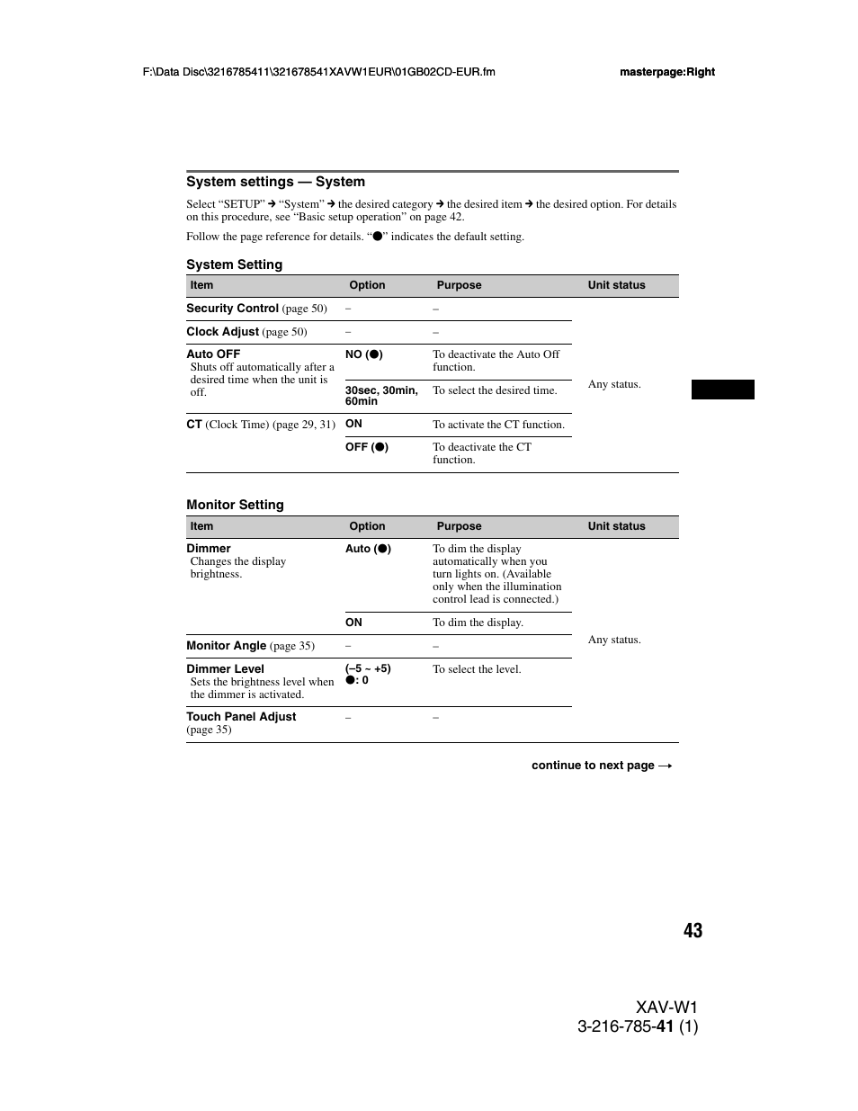 System settings - system, System settings — system | Sony XAV-W1 User Manual | Page 43 / 344