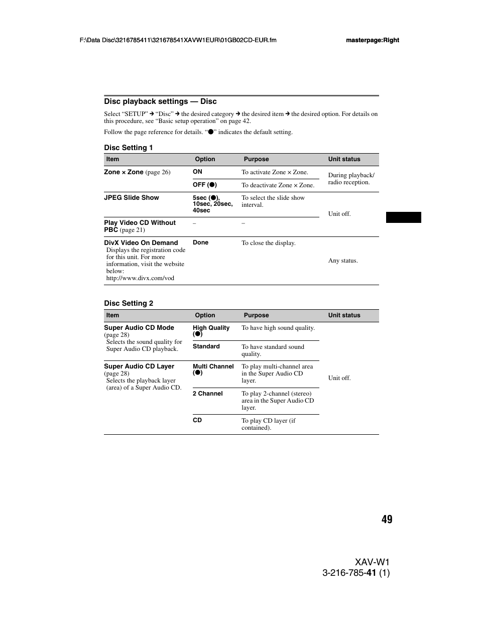 Disc playback settings - disc, Disc playback settings — disc | Sony XAV-W1 User Manual | Page 49 / 344