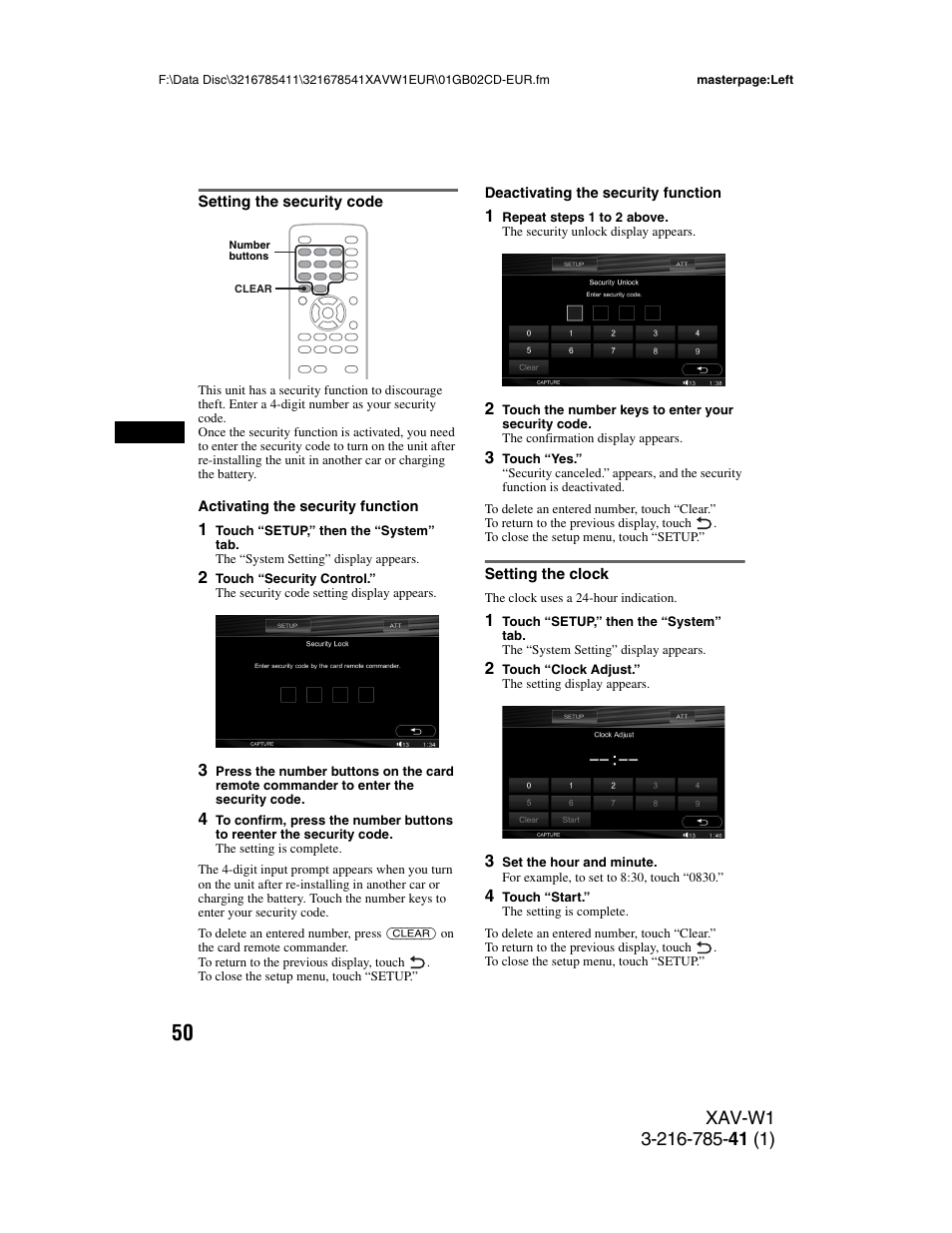 Setting the security code, Setting the clock, Setting the security code setting the clock | Sony XAV-W1 User Manual | Page 50 / 344