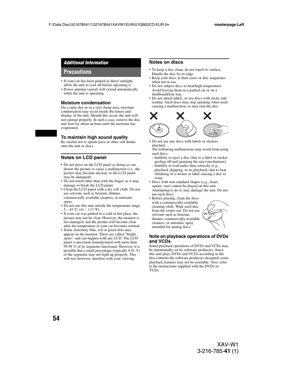 Additional information, Precautions, Notes on lcd panel | Notes on discs, Notes on lcd panel notes on discs | Sony XAV-W1 User Manual | Page 54 / 344