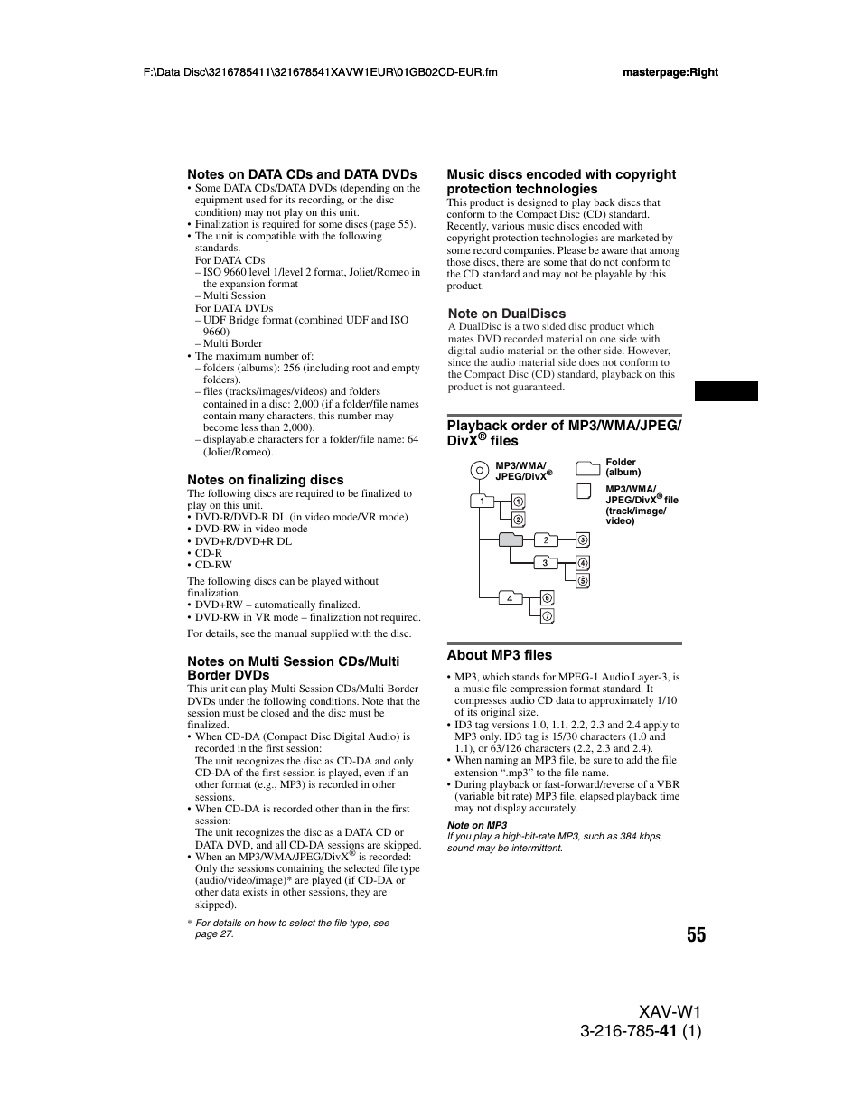 Playback order of mp3/wma/jpeg/ divx® files, About mp3 files, Playback order of mp3/wma/jpeg/divx | Files about mp3 files | Sony XAV-W1 User Manual | Page 55 / 344